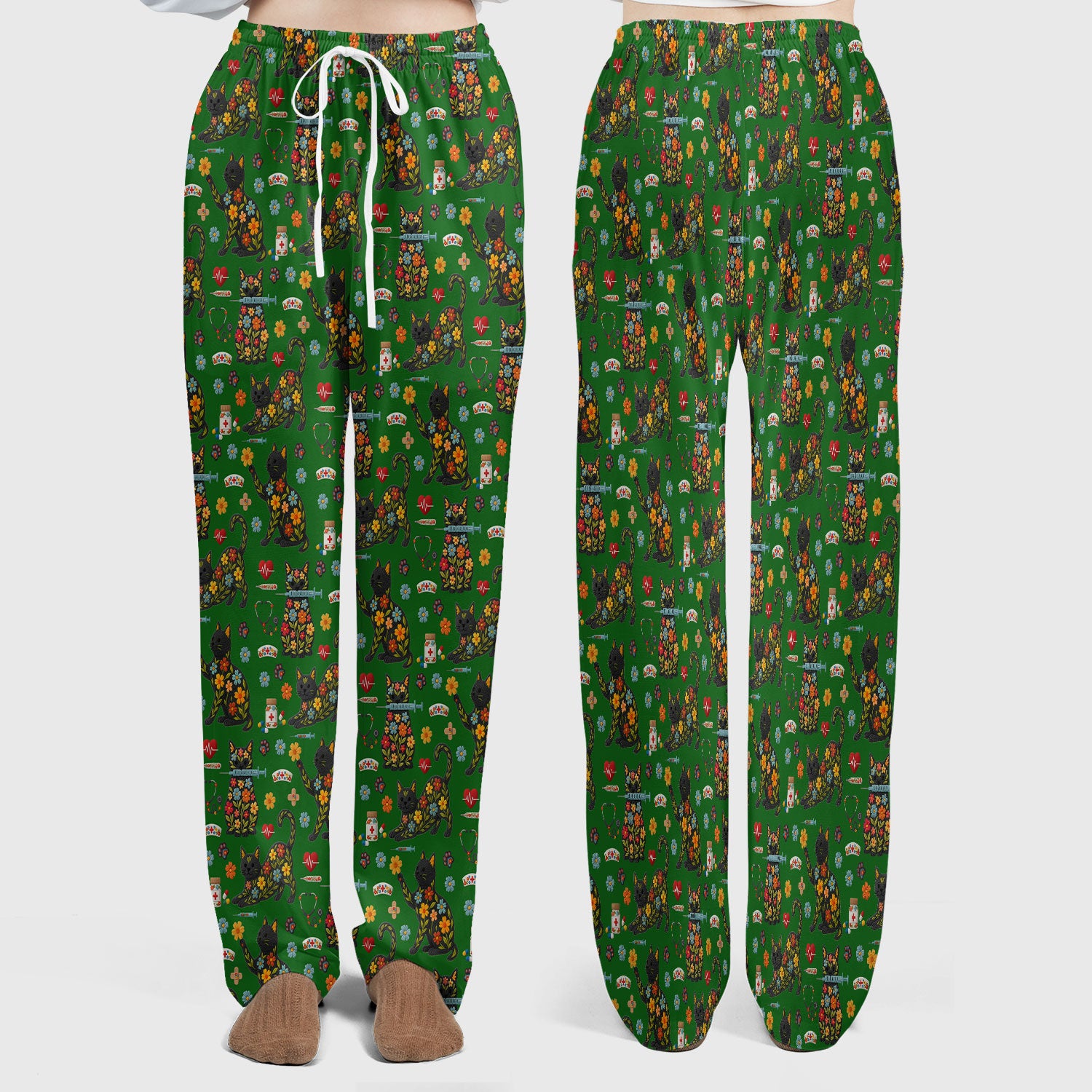 Floral Black Cat Pattern Scrub Set, Cute Cat Nurse Scrub Shirt, Medical Nursing Uniform