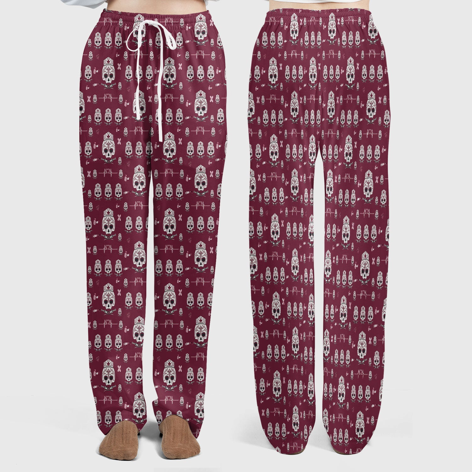 Sugar Skull Scrub Set, Skull Pattern Scrub Shirt, Breathable Fabrics Nursing Uniform