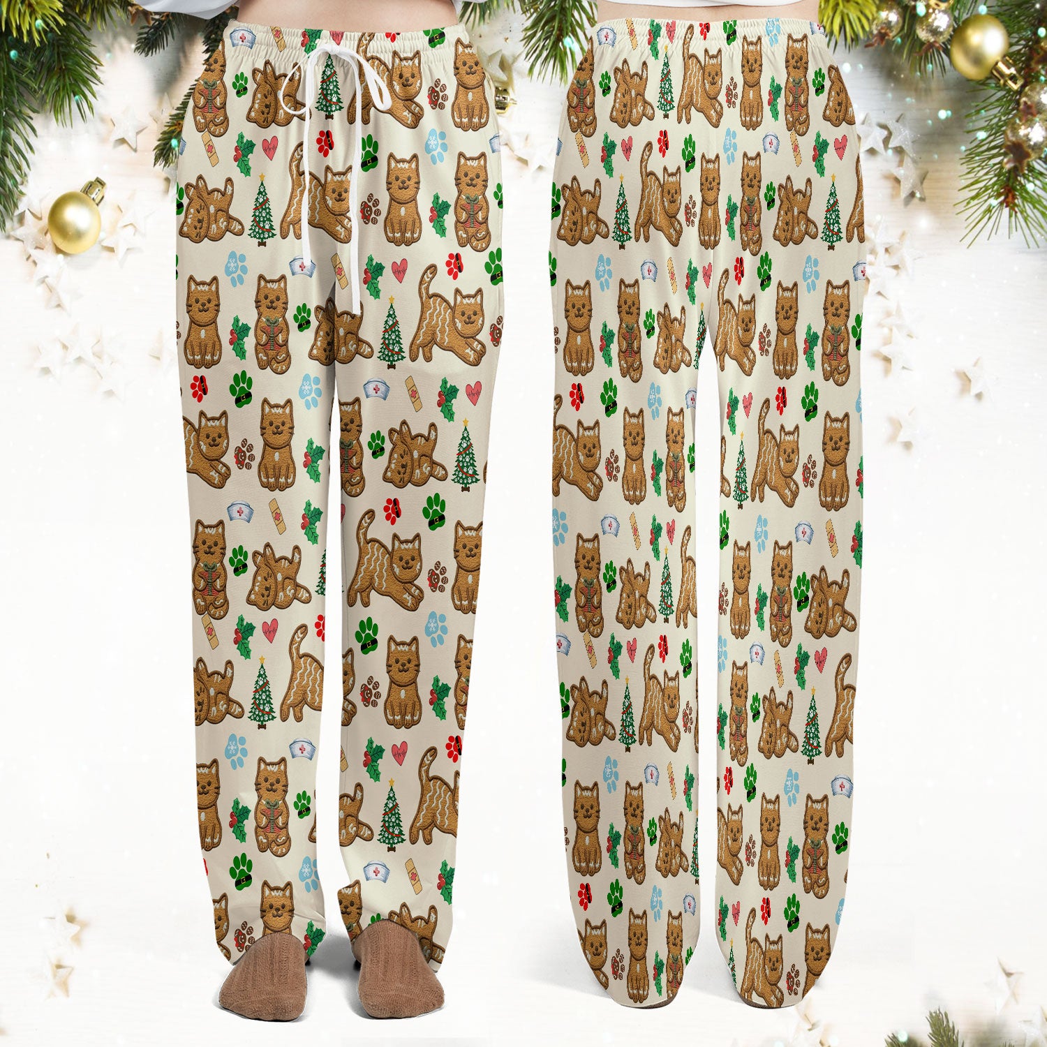 Gingerbread Cat Christmas Scrub Set, Cute Holiday Kitty Medical Uniform Shirt For Nursing, Festive Nurse Pattern