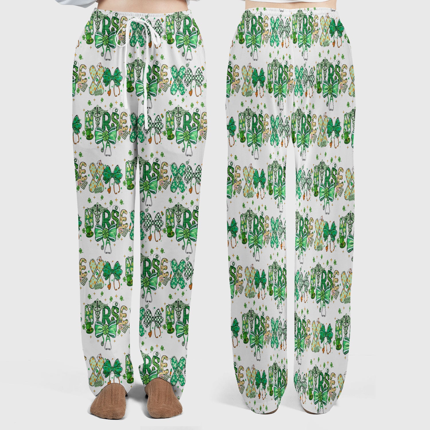 St. Patrick’s Nurse Scrub Set, Lucky Clover And Green Bow Pattern Nurse Shirt, Breathable Fabrics Nursing Uniform