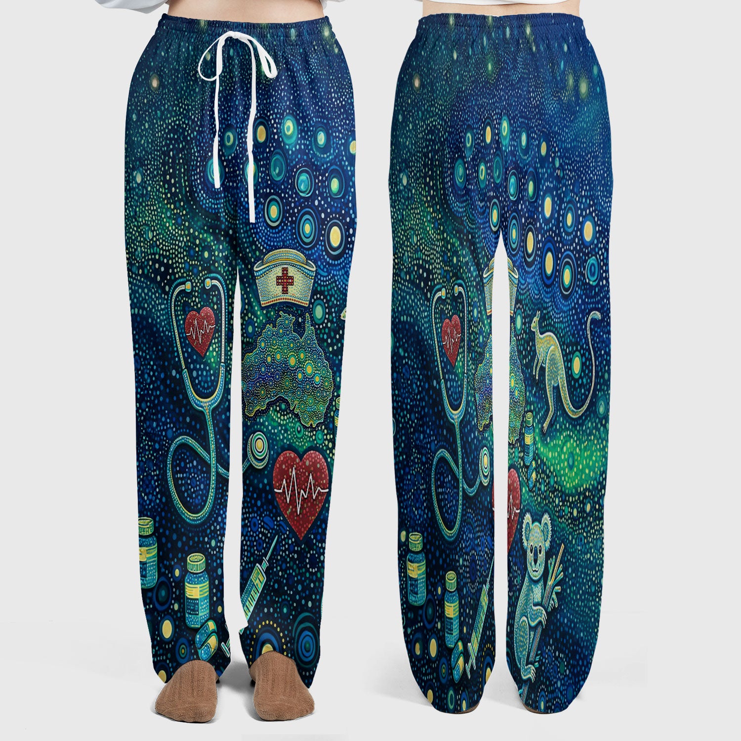 Aboriginal Nurse Australia Scrub Set, Kangaroo Koala Dot Art Medical Pattern Shirt, Breathable Fabrics Nursing Uniform