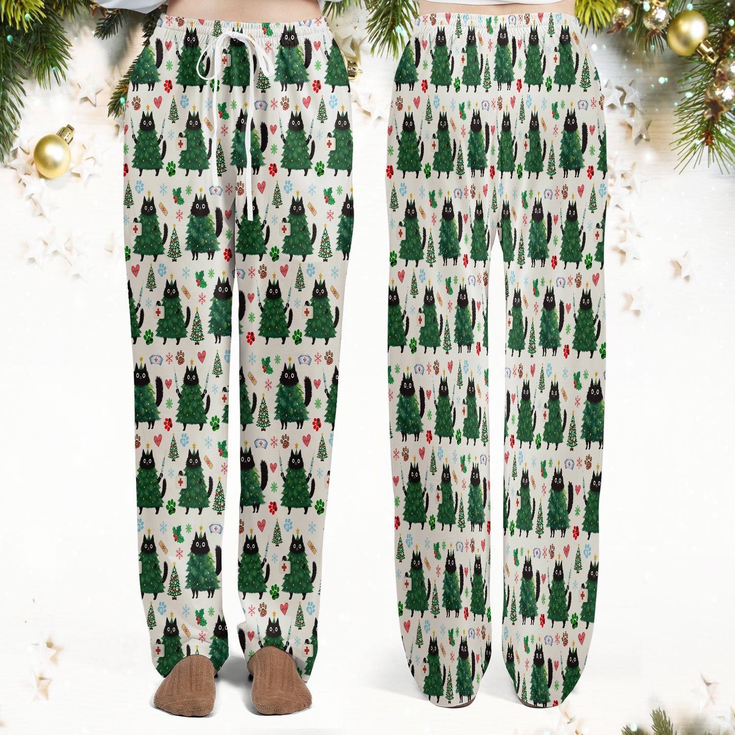 Christmas Nurse Scrub Set, Xmas Black Cat Pattern Nurse Shirt,  Breathable Fabrics Nursing Uniform