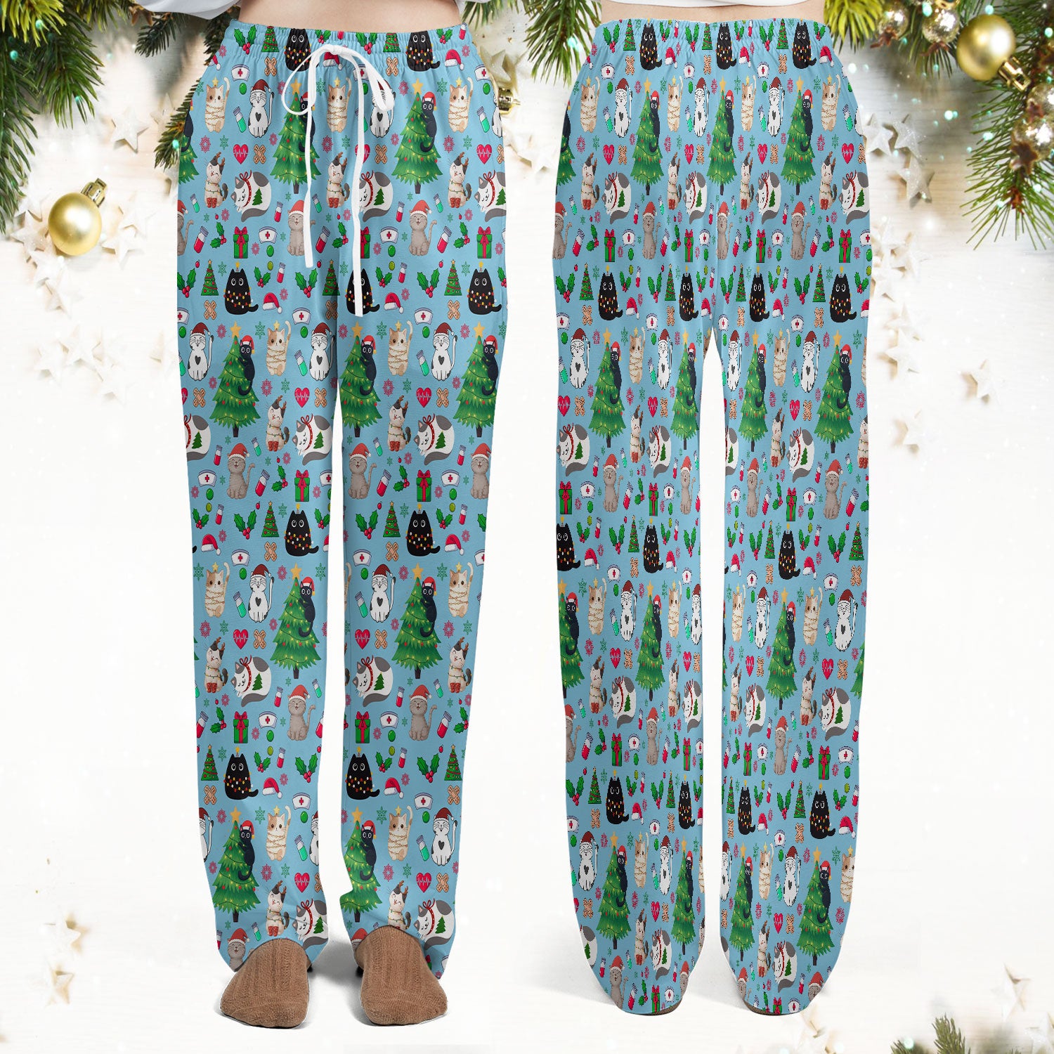 Christmas Cat Scrub Set, Xmas Pet Pattern Scrub Shirt, Breathable Fabrics Nursing Uniform