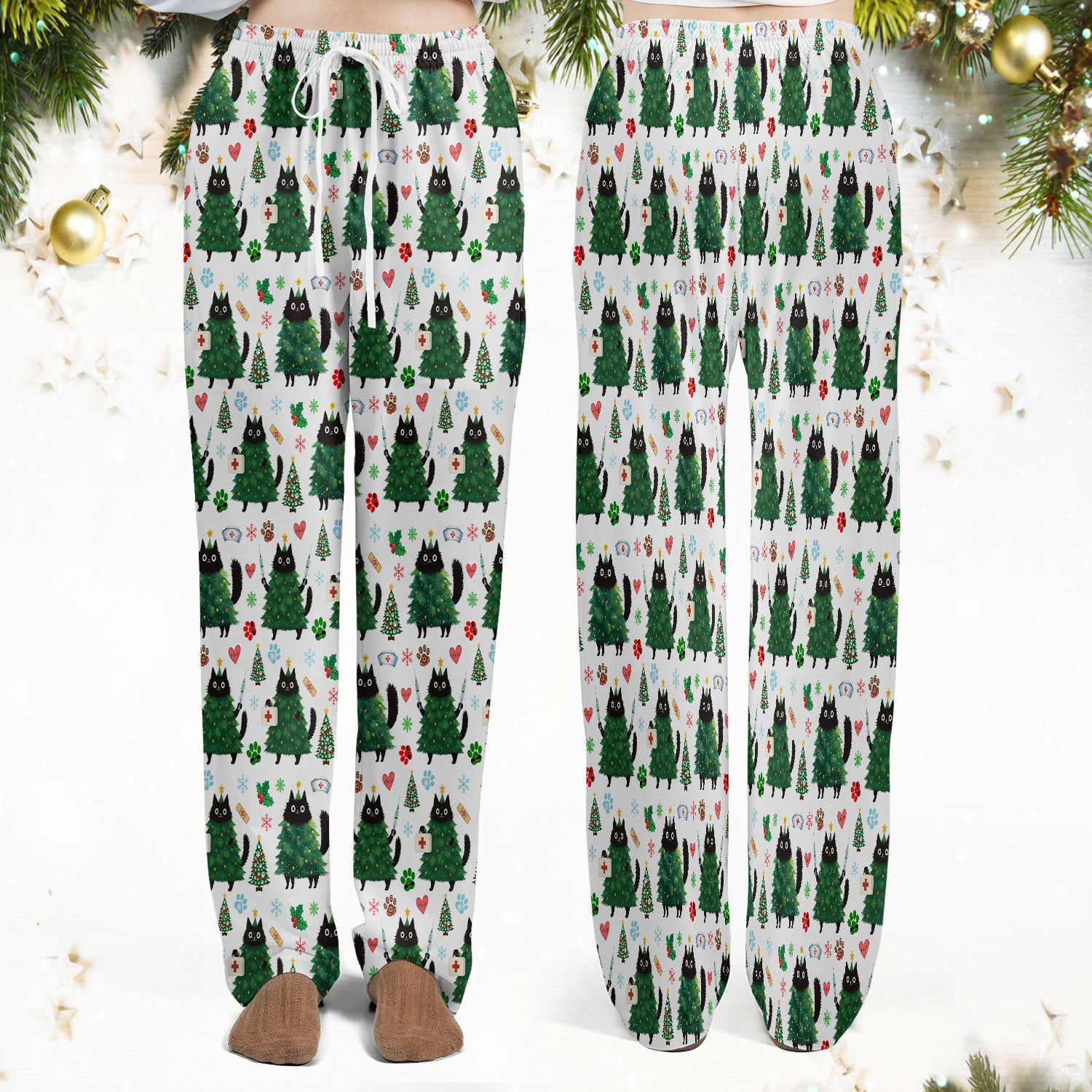 Christmas Nurse Scrub Set, Xmas Black Cat Pattern Nurse Shirt,  Breathable Fabrics Nursing Uniform