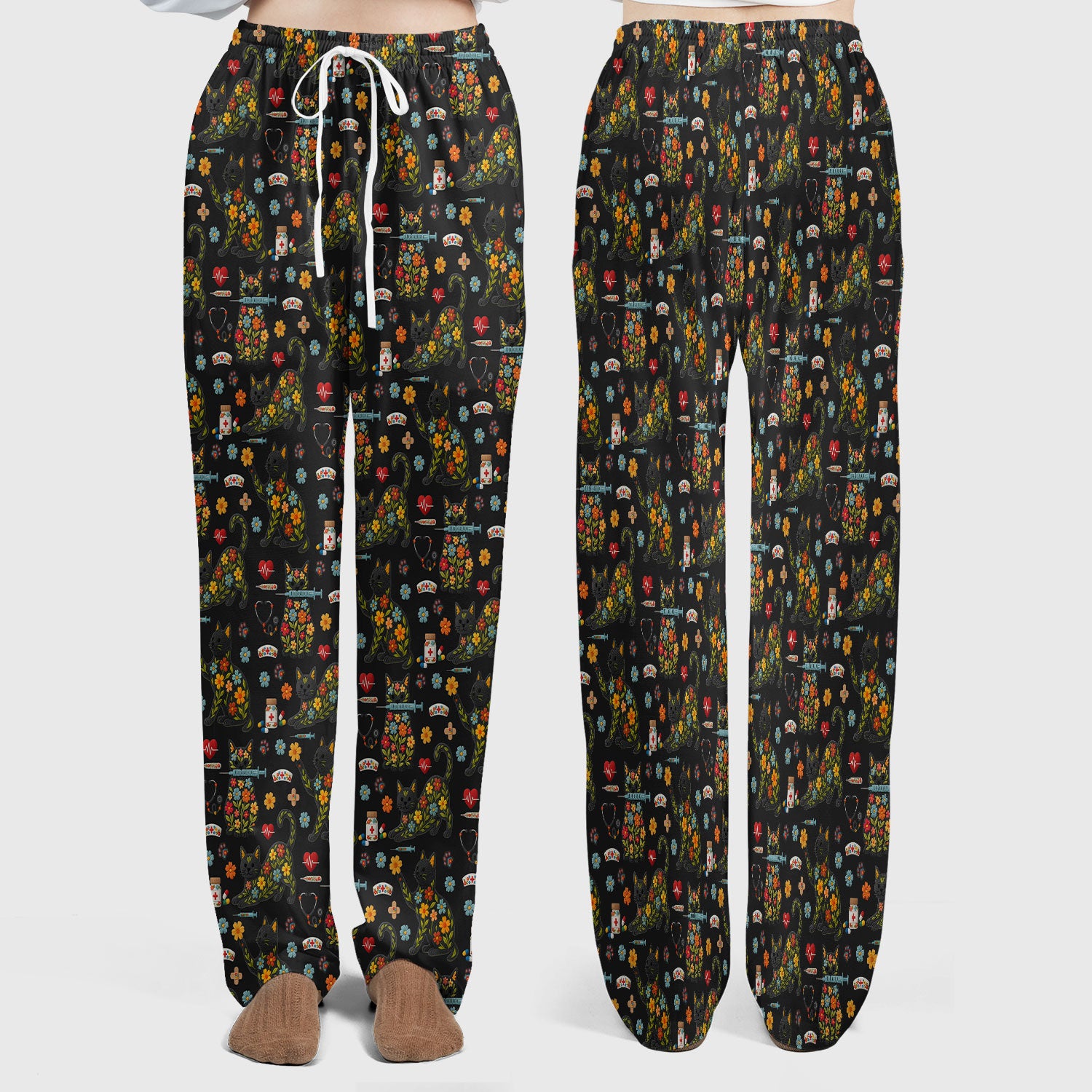 Floral Black Cat Pattern Scrub Set, Cute Cat Nurse Scrub Shirt, Medical Nursing Uniform