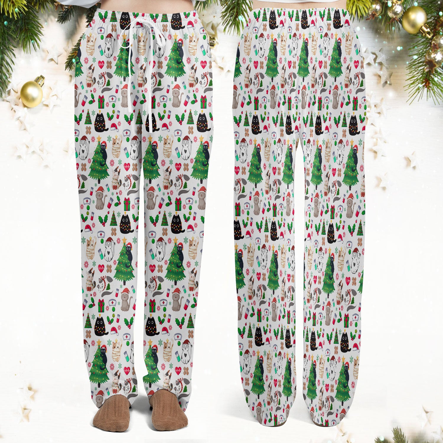 Christmas Cat Scrub Set, Xmas Pet Pattern Scrub Shirt, Breathable Fabrics Nursing Uniform