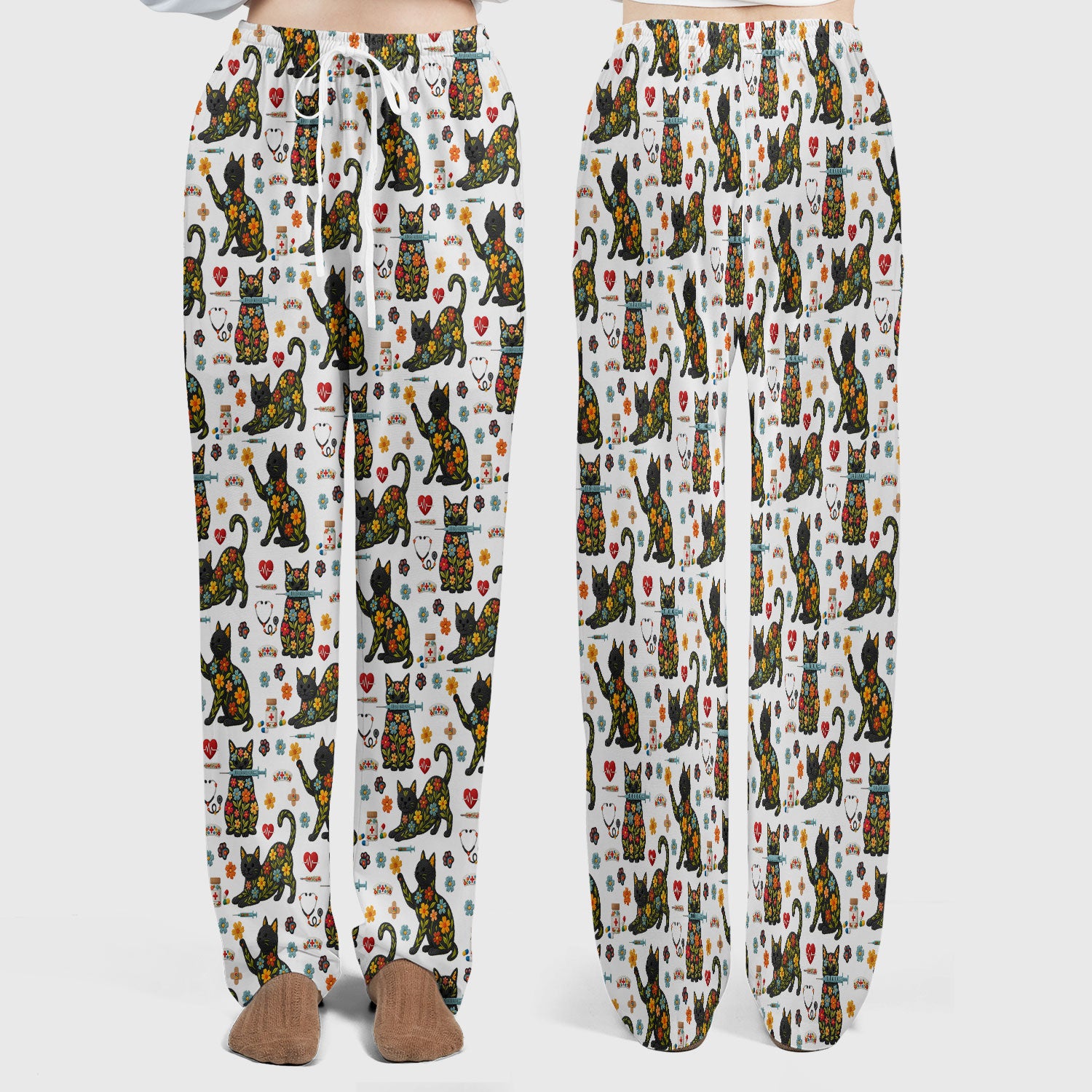 Floral Black Cat Pattern Scrub Set, Cute Cat Nurse Scrub Shirt, Medical Nursing Uniform
