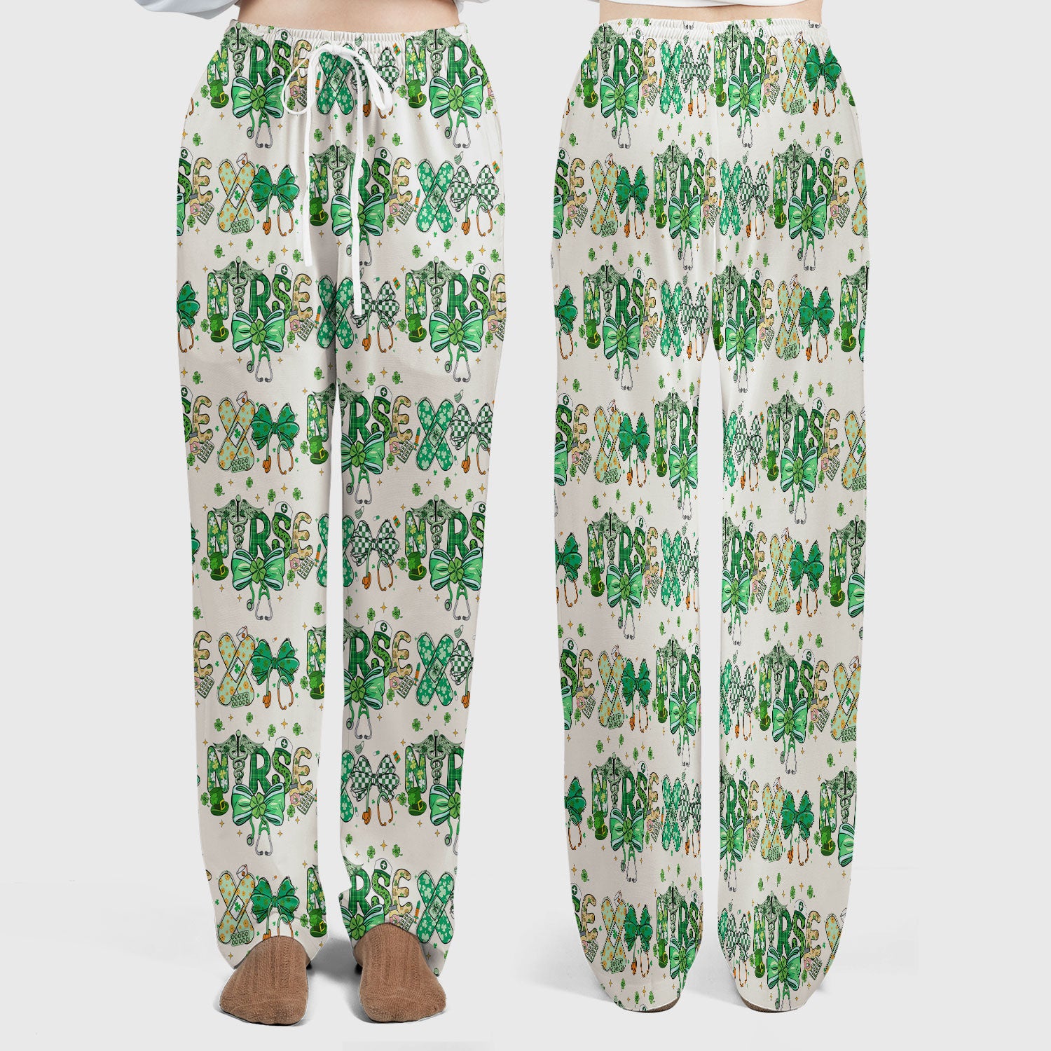 St. Patrick’s Nurse Scrub Set, Lucky Clover And Green Bow Pattern Nurse Shirt, Breathable Fabrics Nursing Uniform