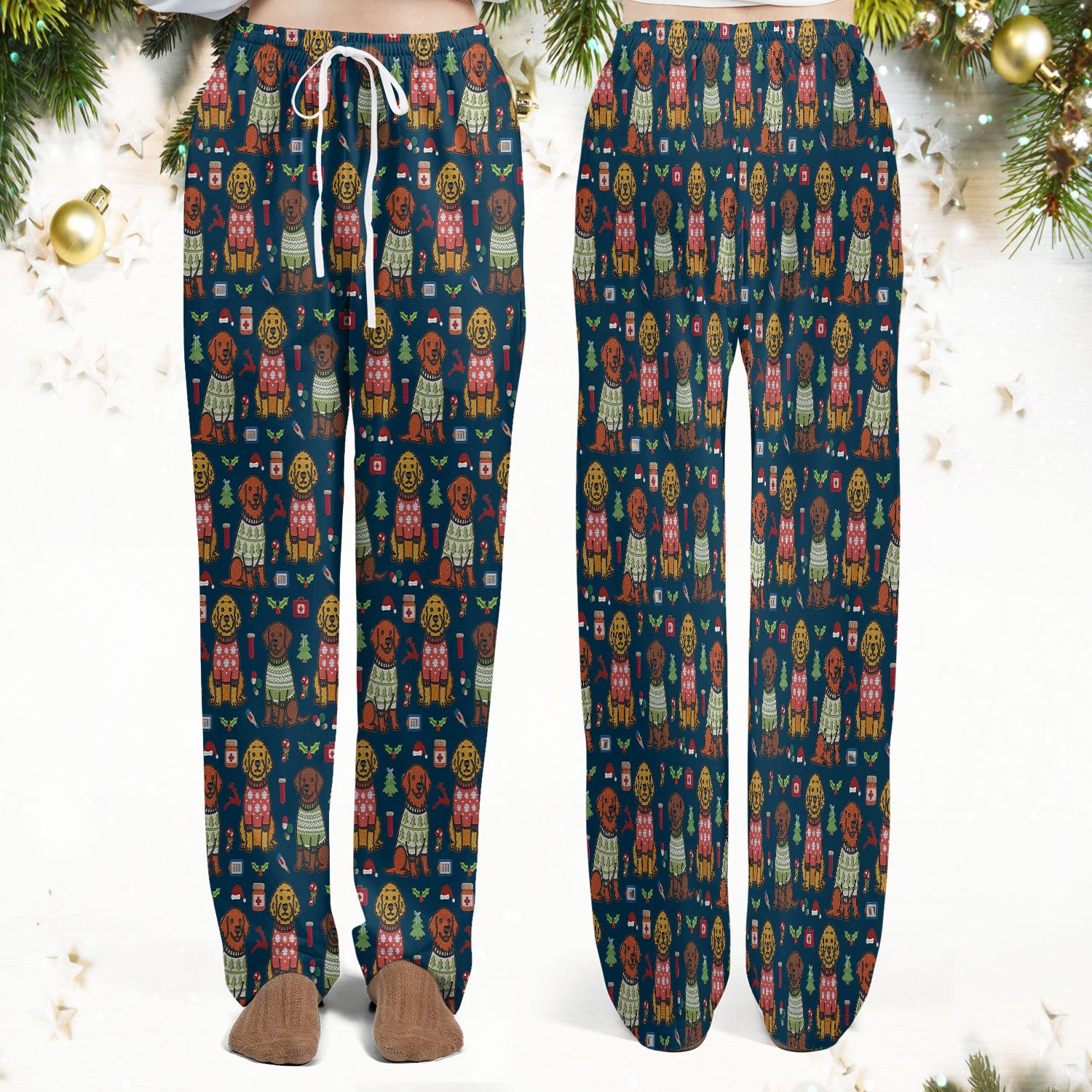 Golden Retriever Christmas Scrub Set, Cute Holiday Dog Nurse Pattern Shirt, Breathable Fabrics Nursing Uniform