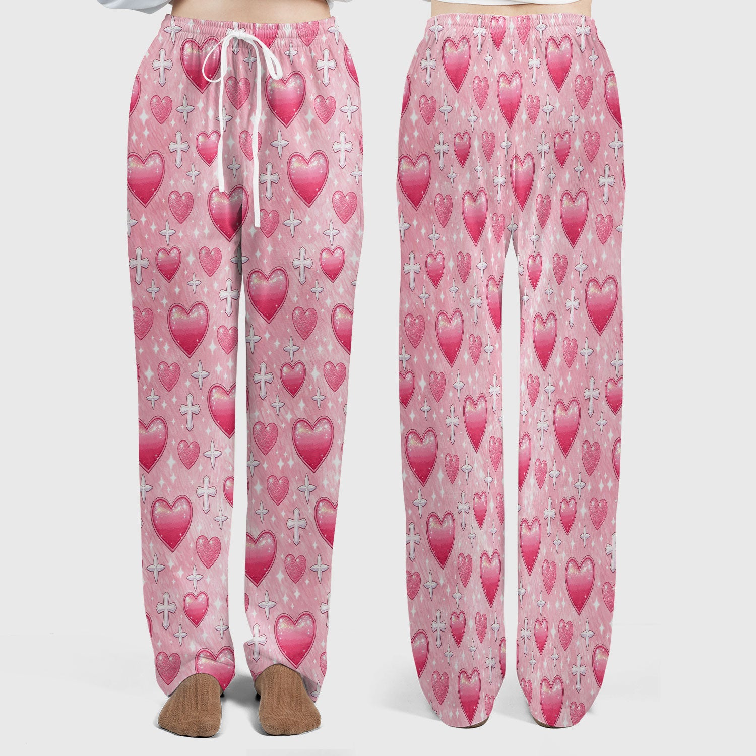 Pink Heart & Cross Pattern Scrub Set, Scrub Pants and V Neck Top