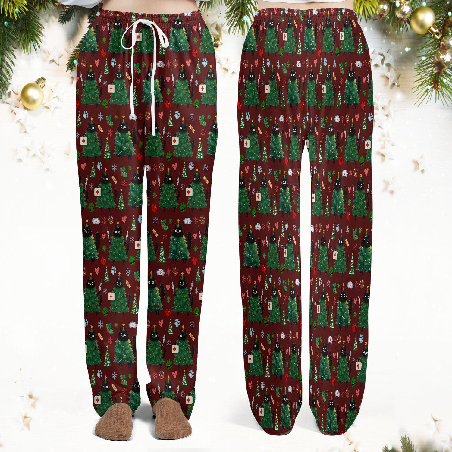 Christmas Nurse Scrub Set, Xmas Black Cat Pattern Nurse Shirt,  Breathable Fabrics Nursing Uniform