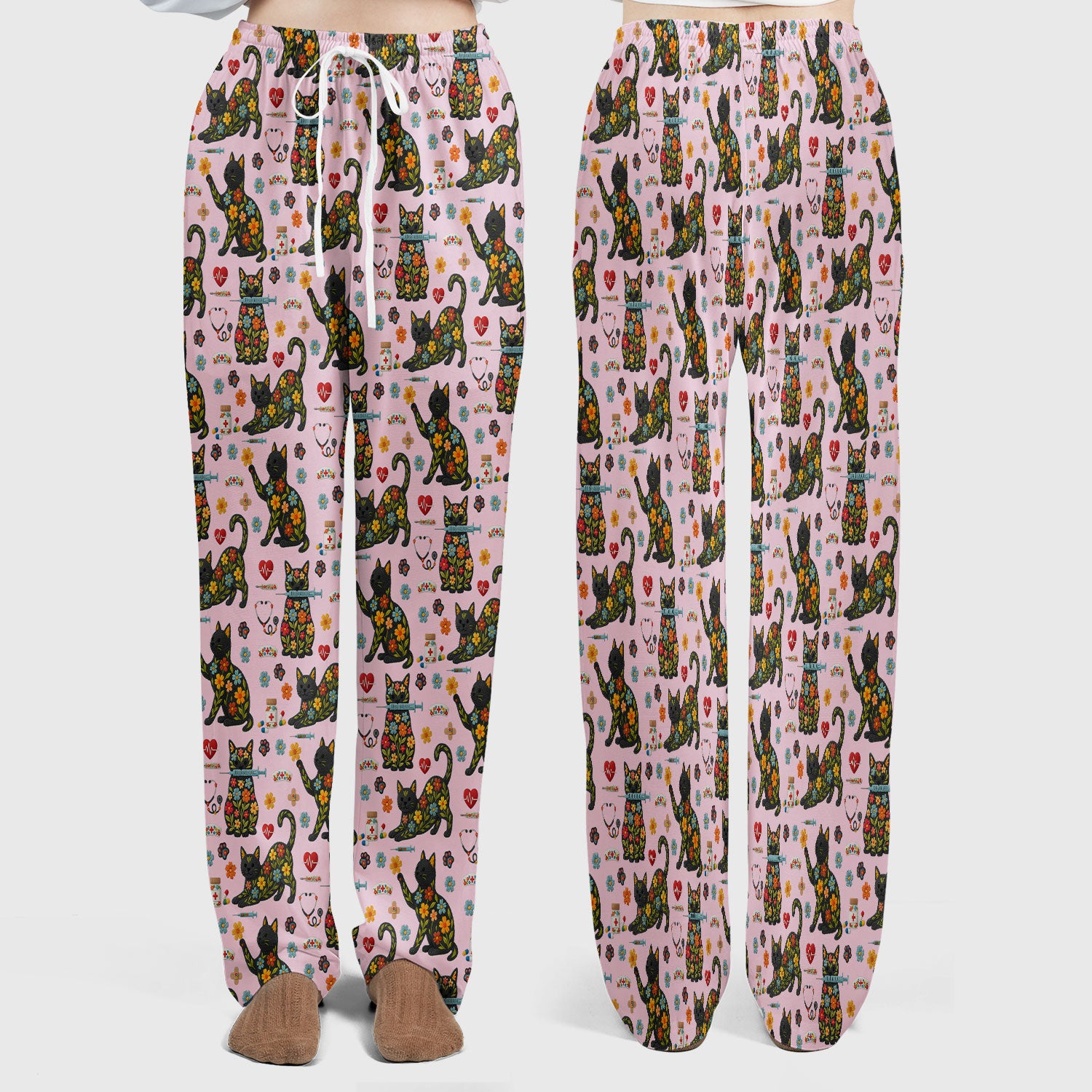 Floral Black Cat Pattern Scrub Set, Cute Cat Nurse Scrub Shirt, Medical Nursing Uniform
