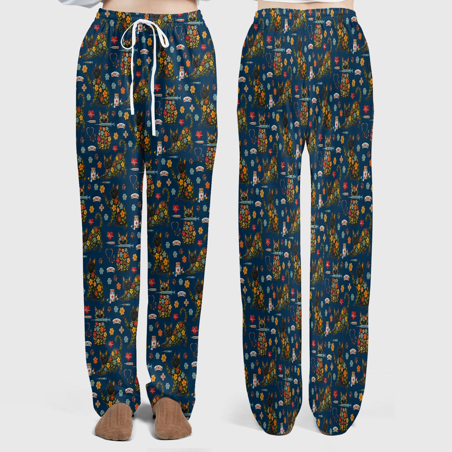 Floral Black Cat Pattern Scrub Set, Cute Cat Nurse Scrub Shirt, Medical Nursing Uniform