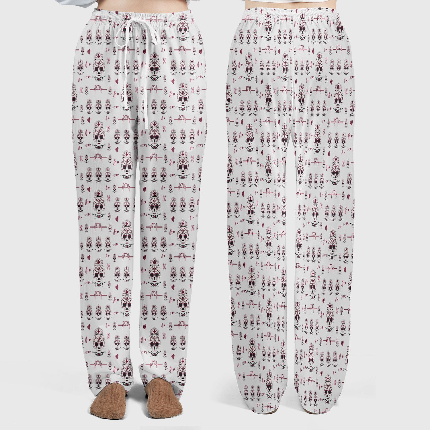 Sugar Skull Scrub Set, Skull Pattern Scrub Shirt, Breathable Fabrics Nursing Uniform