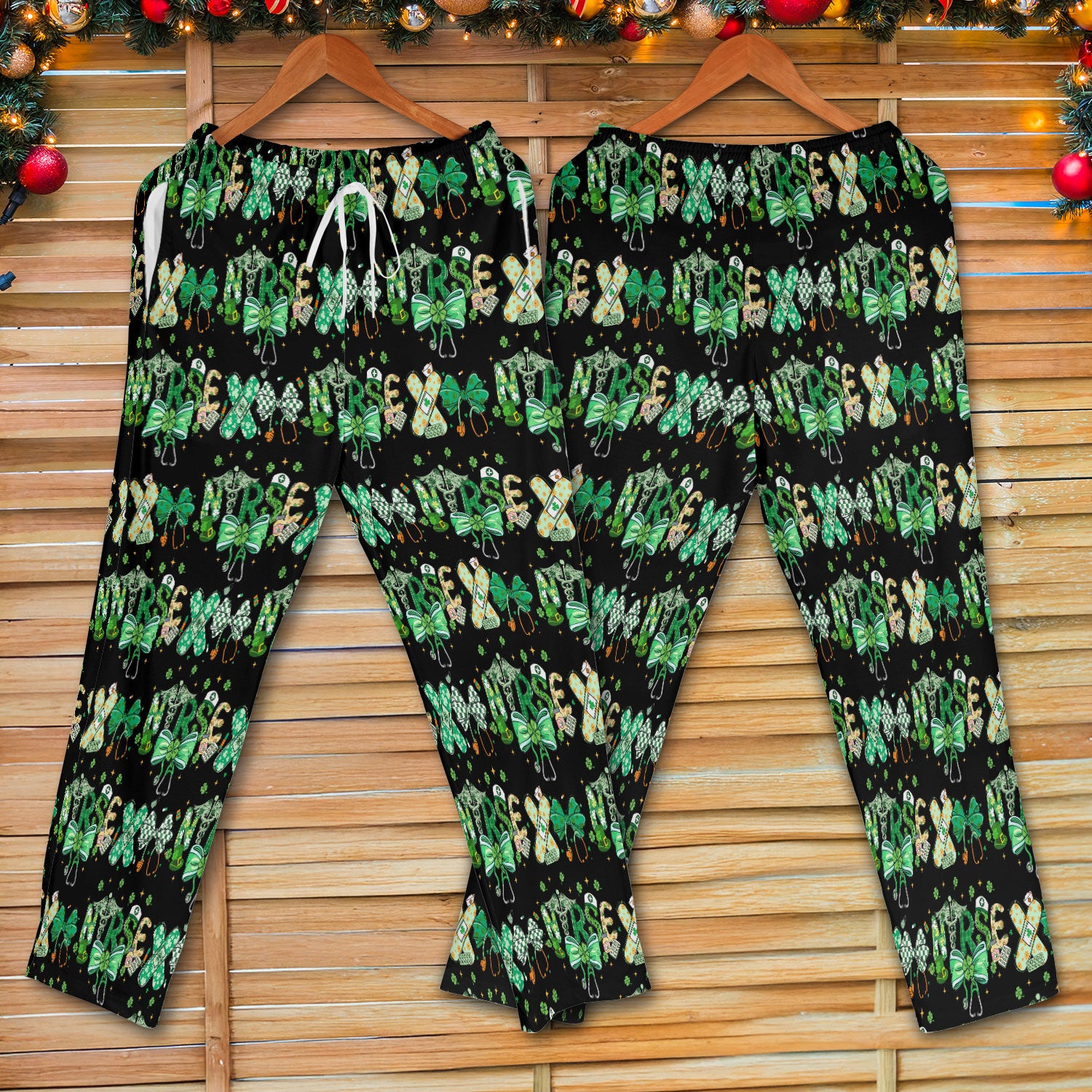 St. Patrick’s Nurse Scrub Set, Lucky Clover And Green Bow Pattern Nurse Shirt, Breathable Fabrics Nursing Uniform