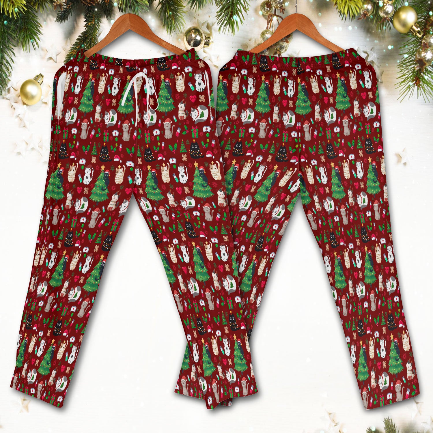 Christmas Cat Scrub Set, Xmas Pet Pattern Scrub Shirt, Breathable Fabrics Nursing Uniform