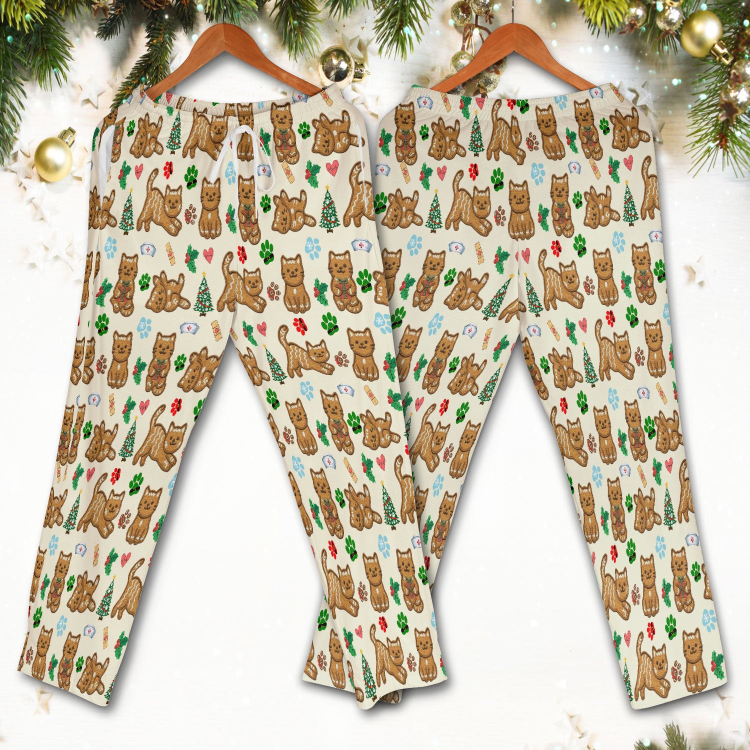 Gingerbread Cat Christmas Scrub Set, Cute Holiday Kitty Medical Uniform Shirt For Nursing, Festive Nurse Pattern