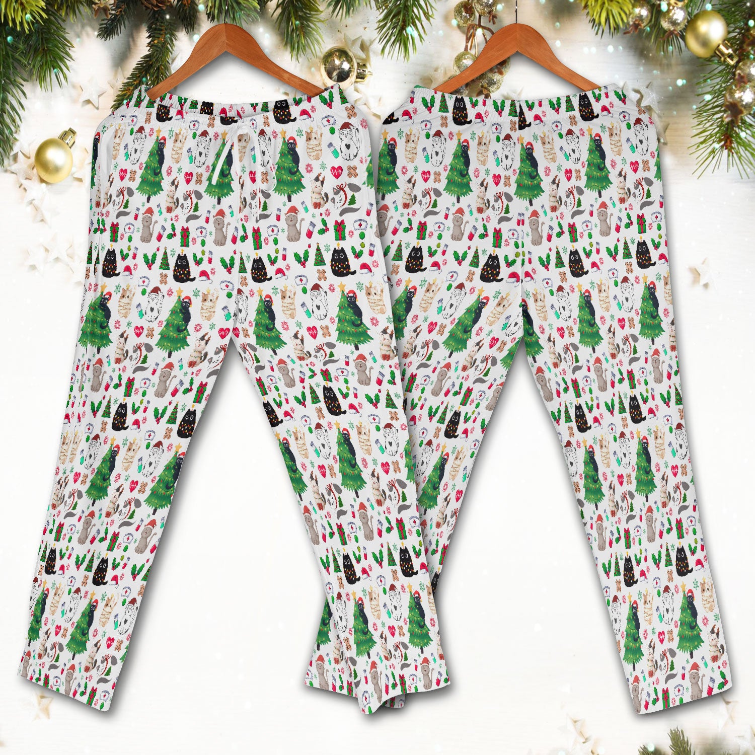 Christmas Cat Scrub Set, Xmas Pet Pattern Scrub Shirt, Breathable Fabrics Nursing Uniform