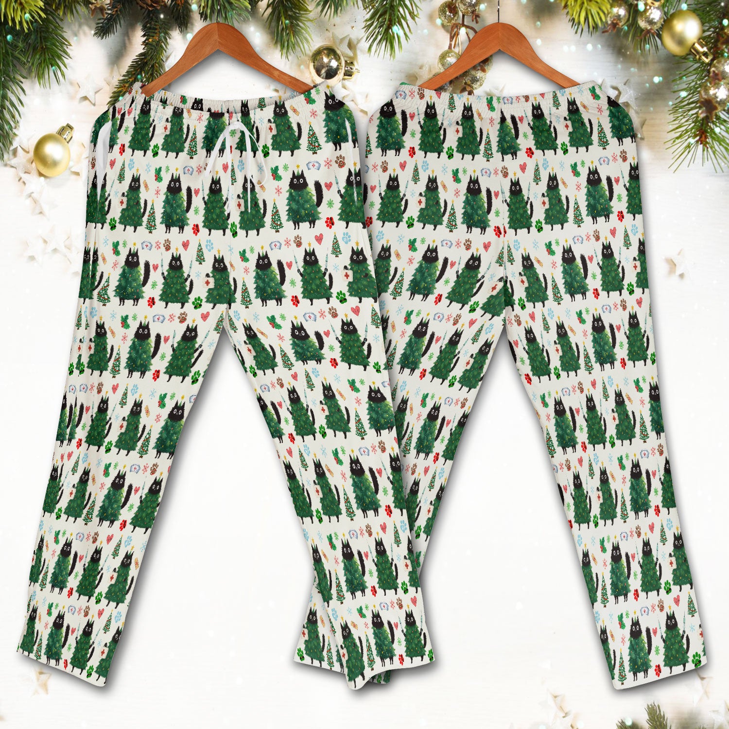Christmas Nurse Scrub Set, Xmas Black Cat Pattern Nurse Shirt,  Breathable Fabrics Nursing Uniform
