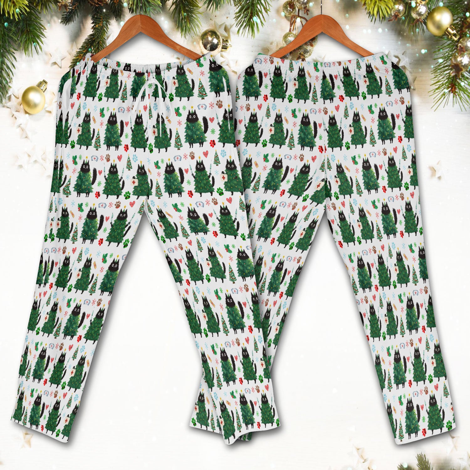 Christmas Nurse Scrub Set, Xmas Black Cat Pattern Nurse Shirt,  Breathable Fabrics Nursing Uniform