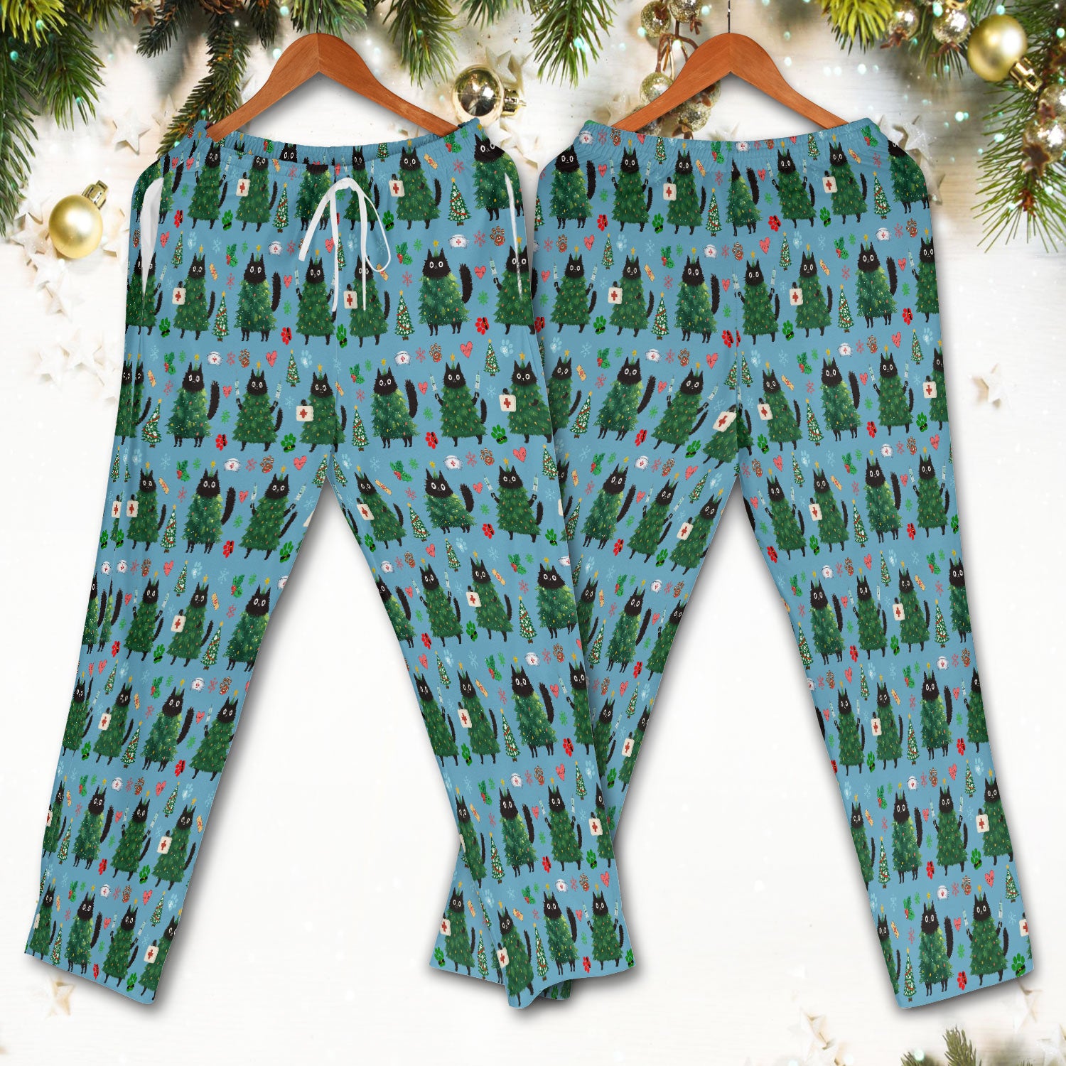 Christmas Nurse Scrub Set, Xmas Black Cat Pattern Nurse Shirt,  Breathable Fabrics Nursing Uniform