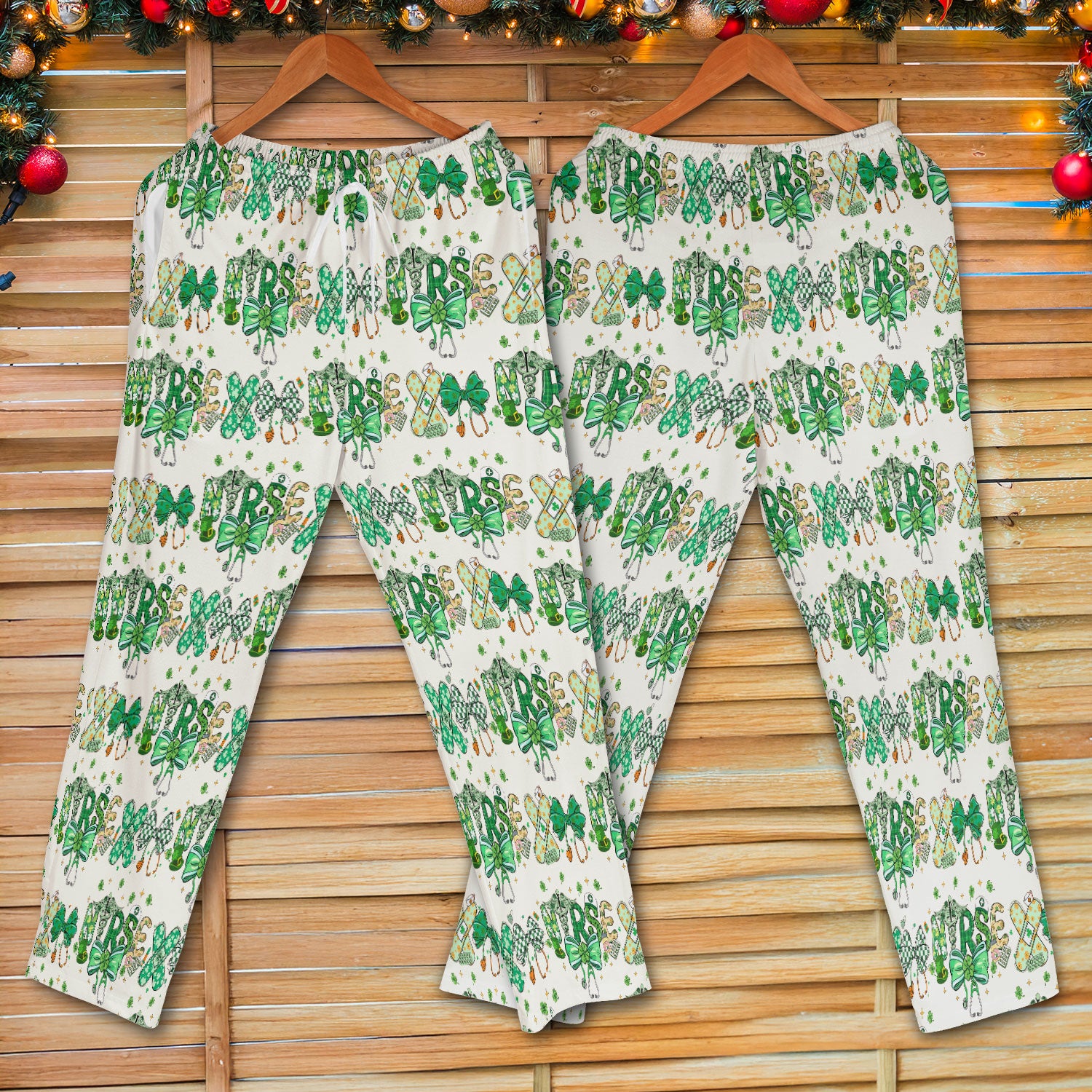 St. Patrick’s Nurse Scrub Set, Lucky Clover And Green Bow Pattern Nurse Shirt, Breathable Fabrics Nursing Uniform