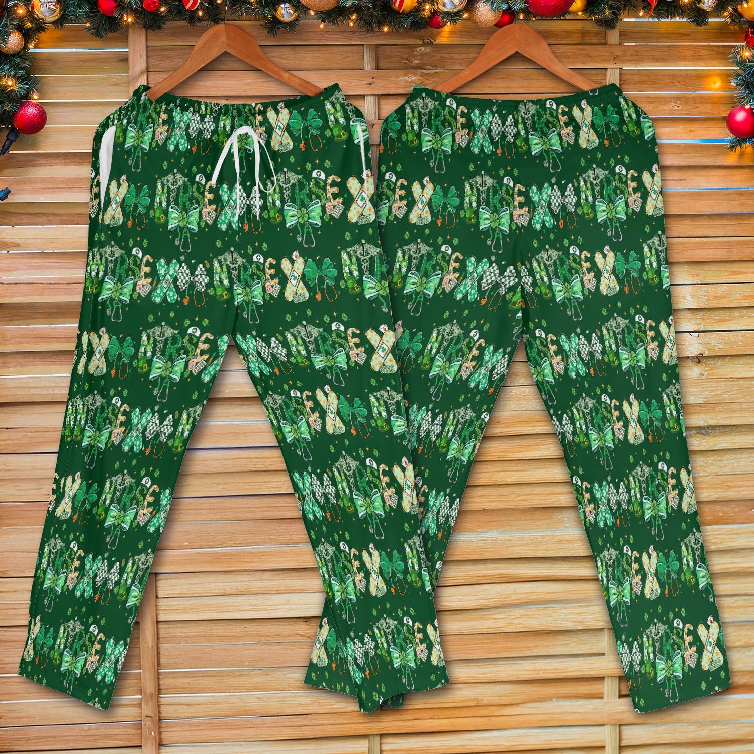 St. Patrick’s Nurse Scrub Set, Lucky Clover And Green Bow Pattern Nurse Shirt, Breathable Fabrics Nursing Uniform