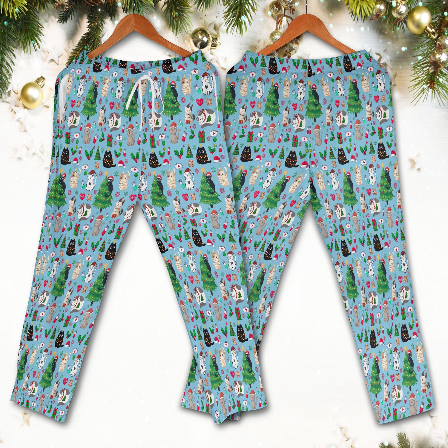 Christmas Cat Scrub Set, Xmas Pet Pattern Scrub Shirt, Breathable Fabrics Nursing Uniform