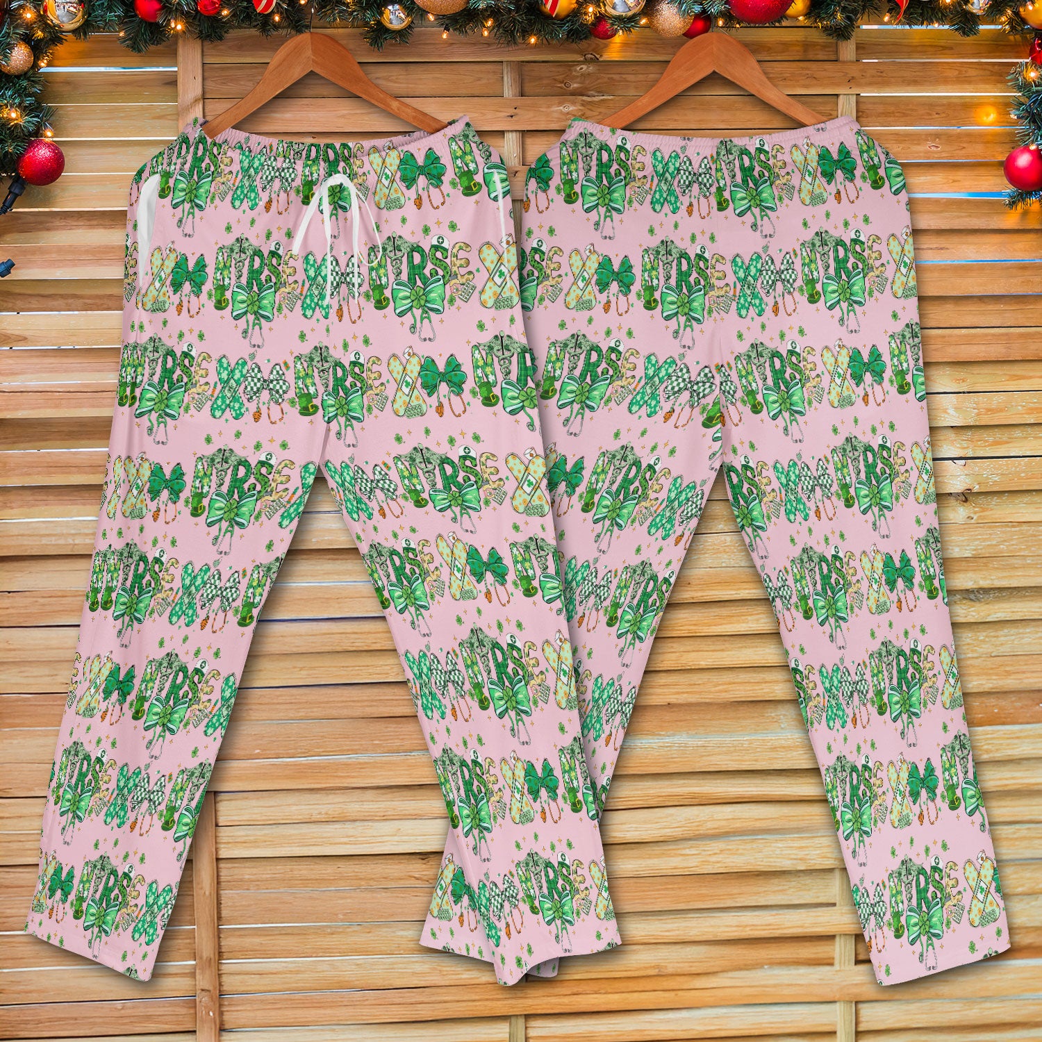 St. Patrick’s Nurse Scrub Set, Lucky Clover And Green Bow Pattern Nurse Shirt, Breathable Fabrics Nursing Uniform