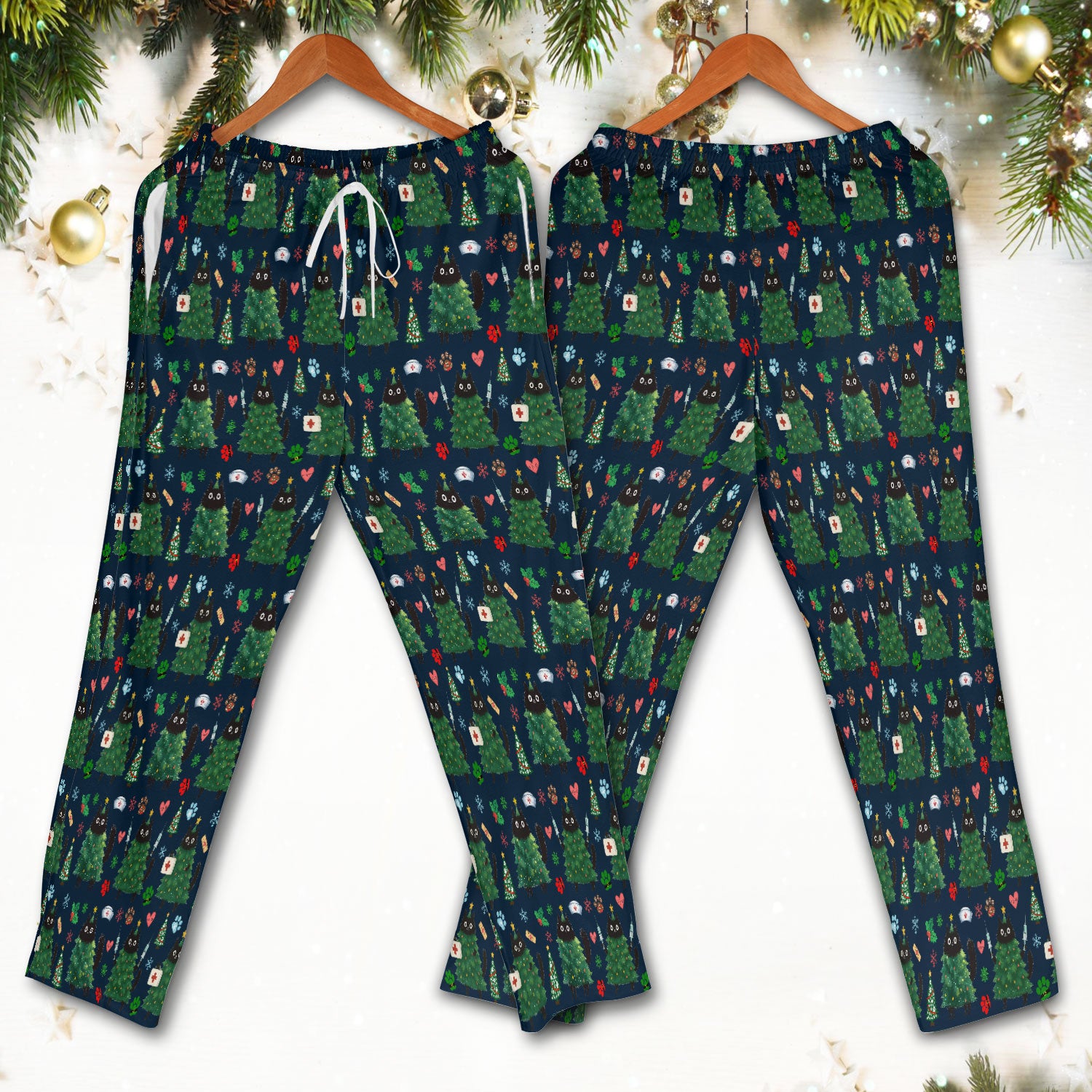 Christmas Nurse Scrub Set, Xmas Black Cat Pattern Nurse Shirt,  Breathable Fabrics Nursing Uniform