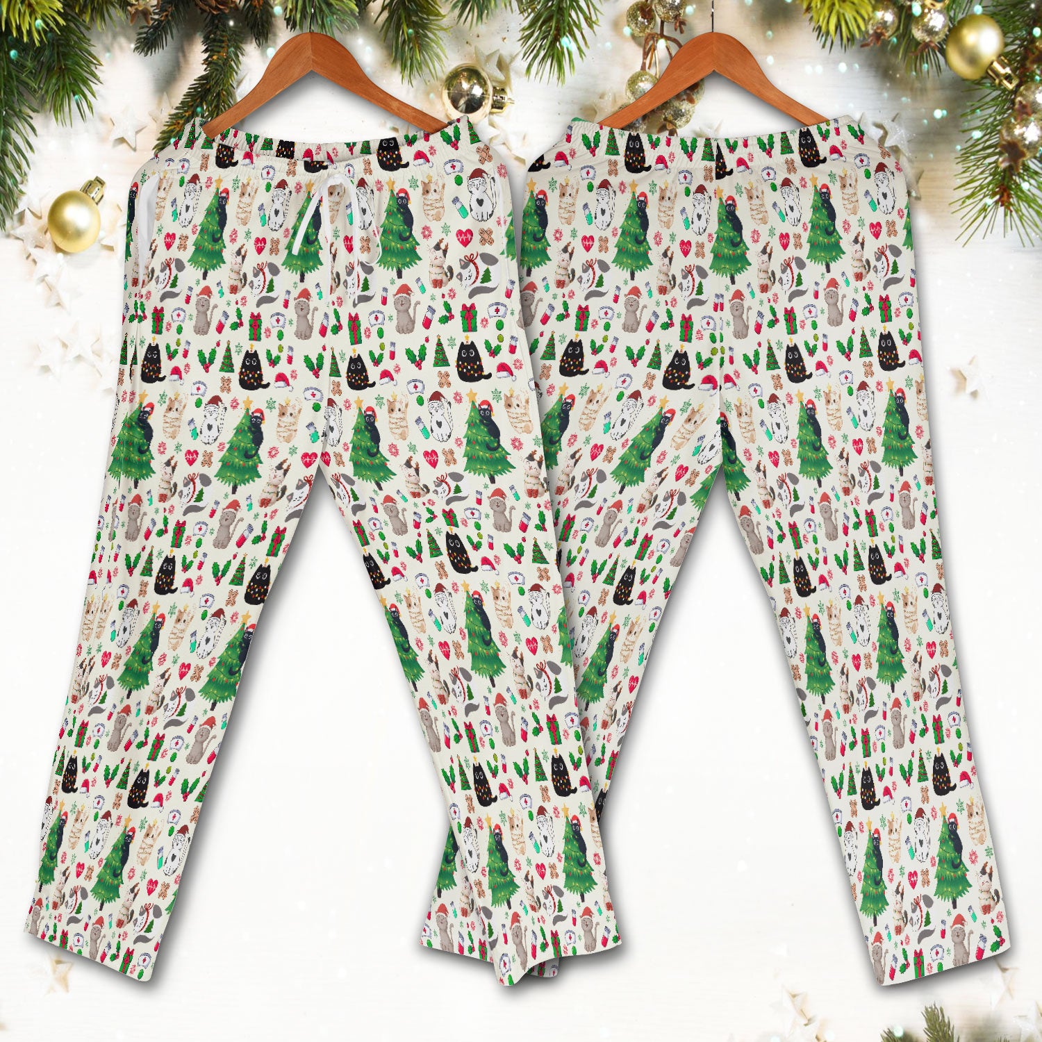Christmas Cat Scrub Set, Xmas Pet Pattern Scrub Shirt, Breathable Fabrics Nursing Uniform