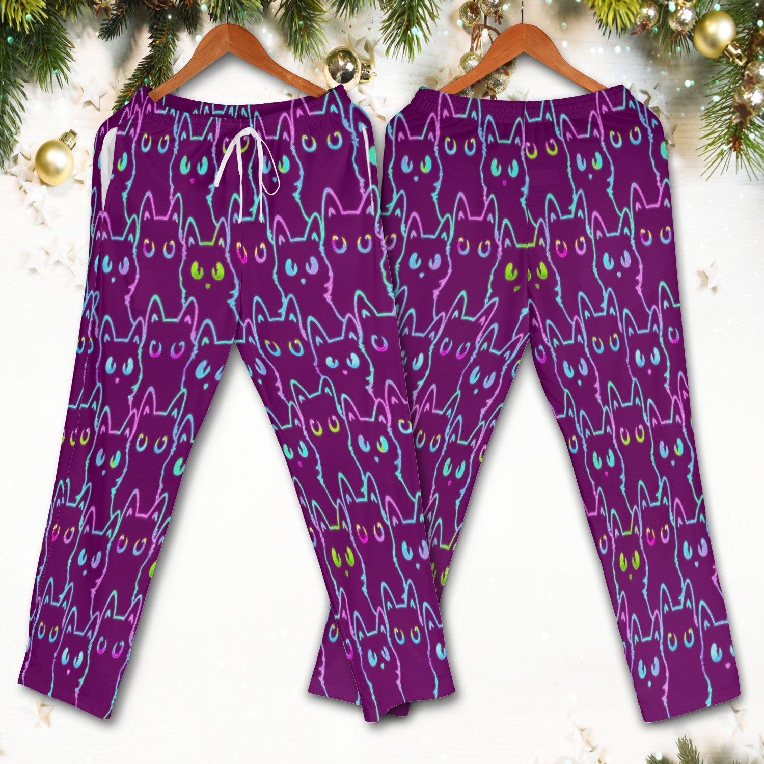 Neon Cat Pattern Scrub Set, Black Cat Scrub Shirt, Breathable Fabrics Nursing Uniform