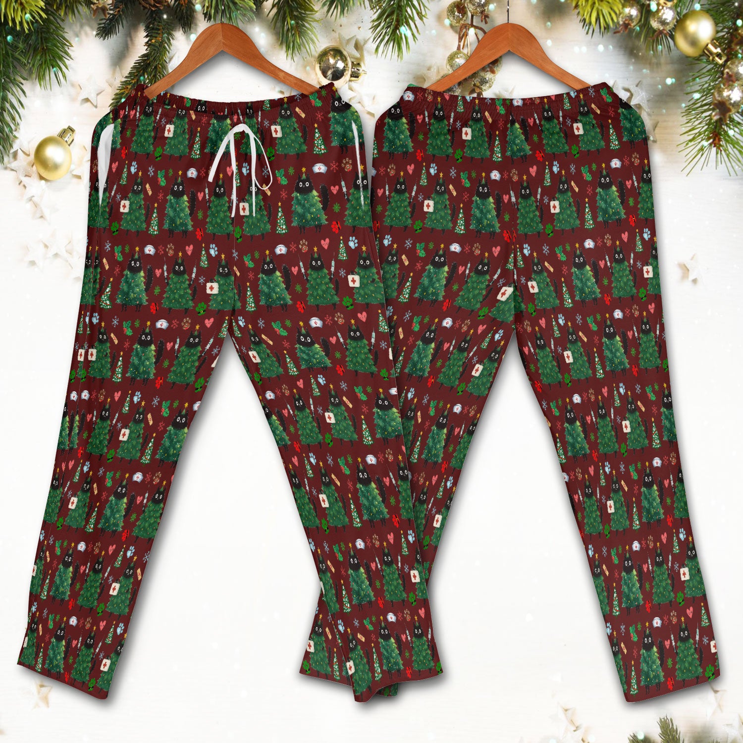 Christmas Nurse Scrub Set, Xmas Black Cat Pattern Nurse Shirt,  Breathable Fabrics Nursing Uniform