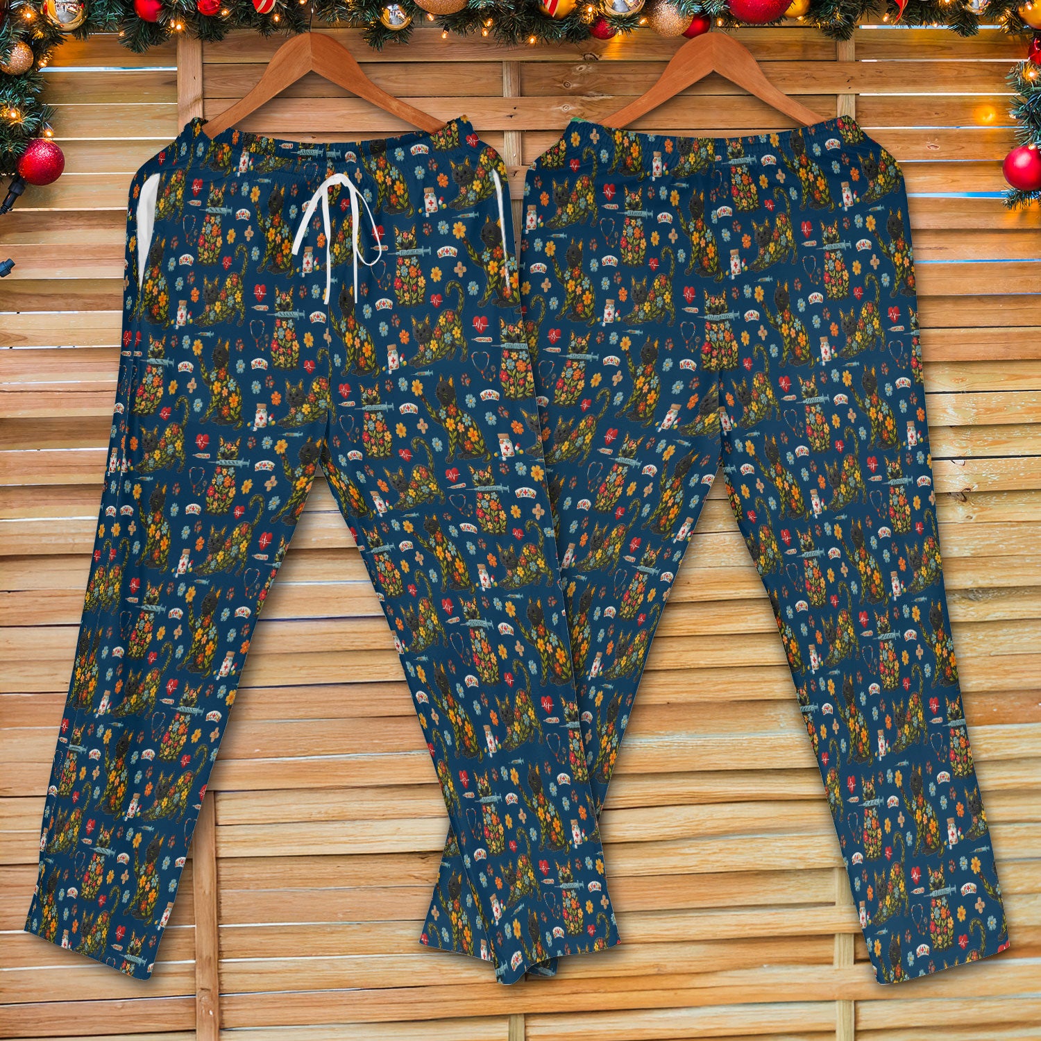 Floral Black Cat Pattern Scrub Set, Cute Cat Nurse Scrub Shirt, Medical Nursing Uniform
