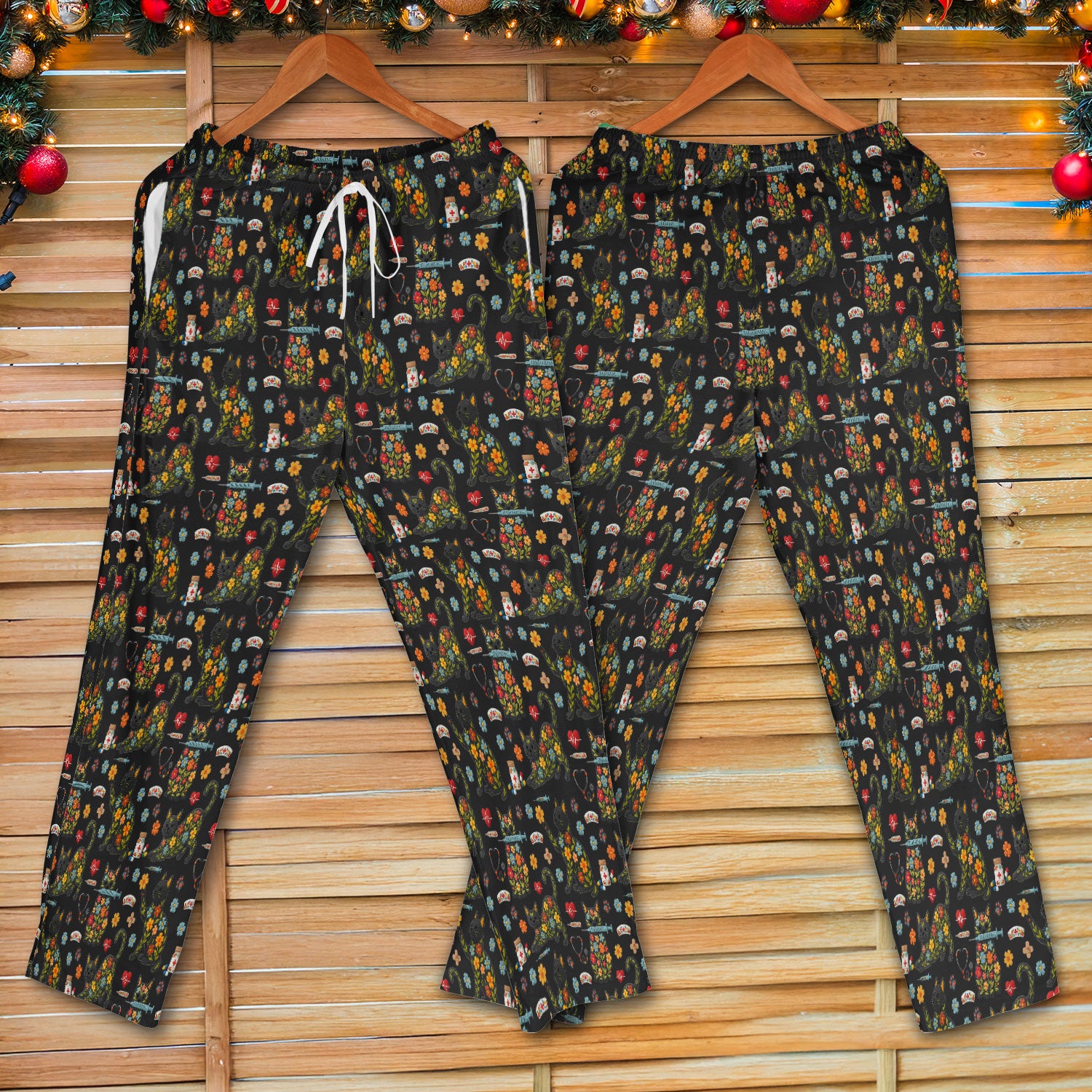 Floral Black Cat Pattern Scrub Set, Cute Cat Nurse Scrub Shirt, Medical Nursing Uniform