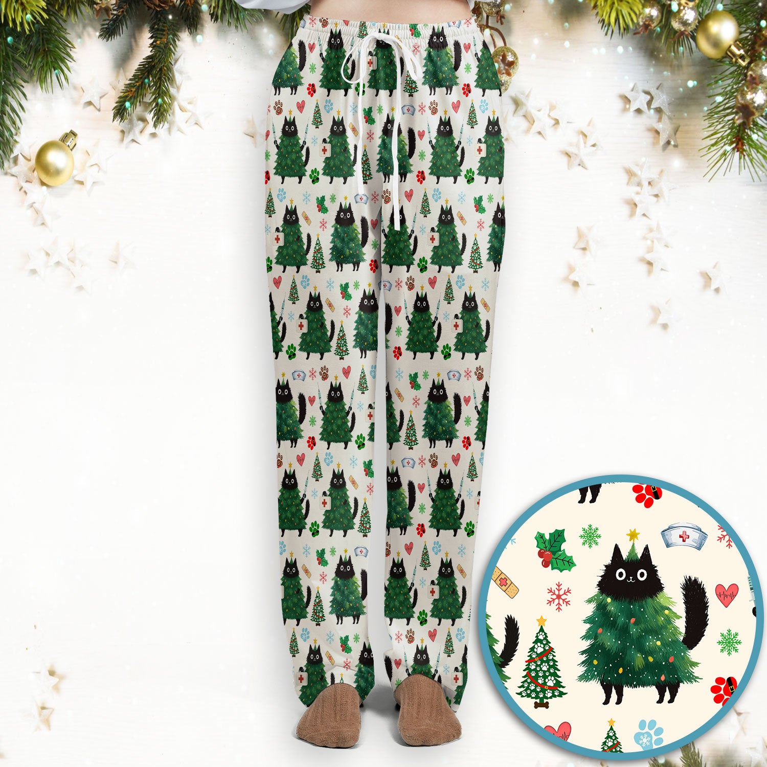 Christmas Nurse Scrub Set, Xmas Black Cat Pattern Nurse Shirt,  Breathable Fabrics Nursing Uniform