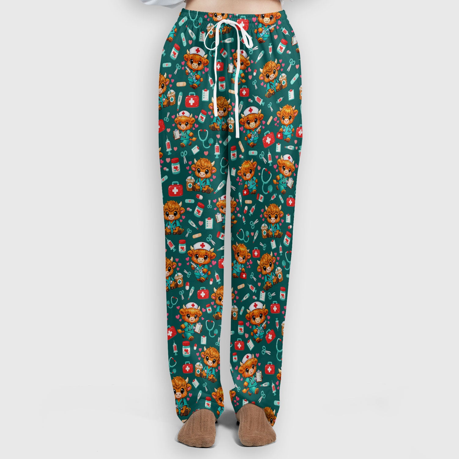 Cute Highland Cow Nurse Scrub Set, Kawaii Medical Pattern Shirt, Breathable Fabrics Nursing Uniform