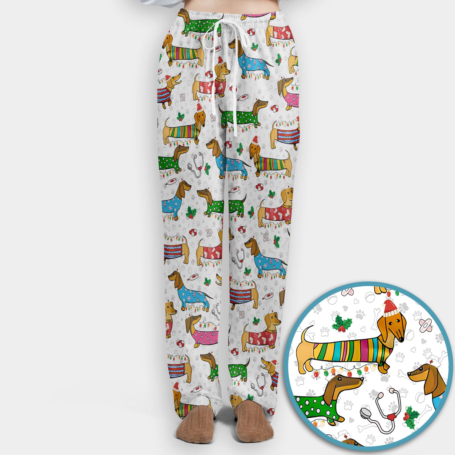 Christmas Scrub Set for Women - Funny Dachshund Scrubs Pants and V Neck Top - Cute Holiday Medical Uniform Gift for RN LPN CNA
