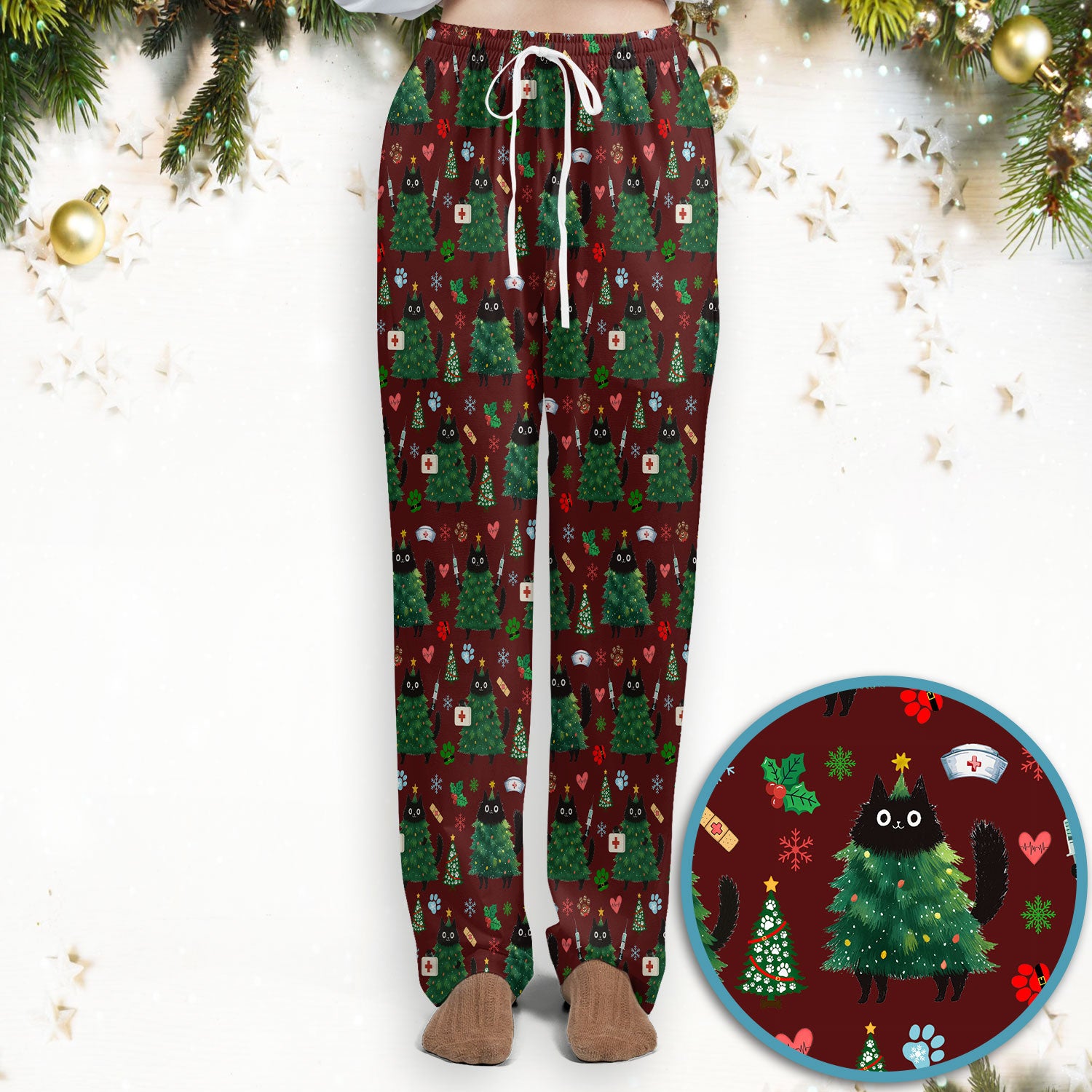 Christmas Nurse Scrub Set, Xmas Black Cat Pattern Nurse Shirt,  Breathable Fabrics Nursing Uniform