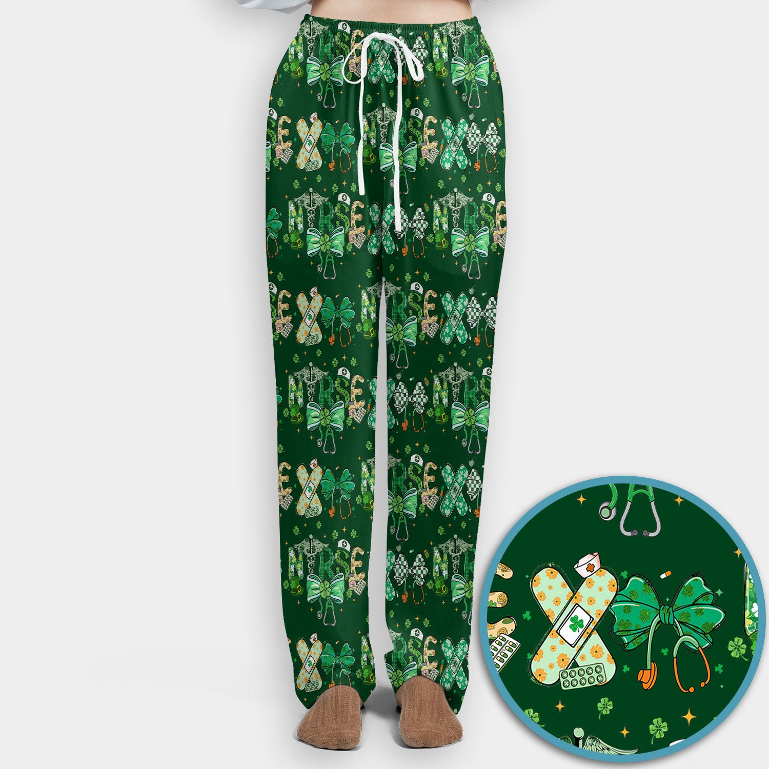 St. Patrick’s Nurse Scrub Set, Lucky Clover And Green Bow Pattern Nurse Shirt, Breathable Fabrics Nursing Uniform