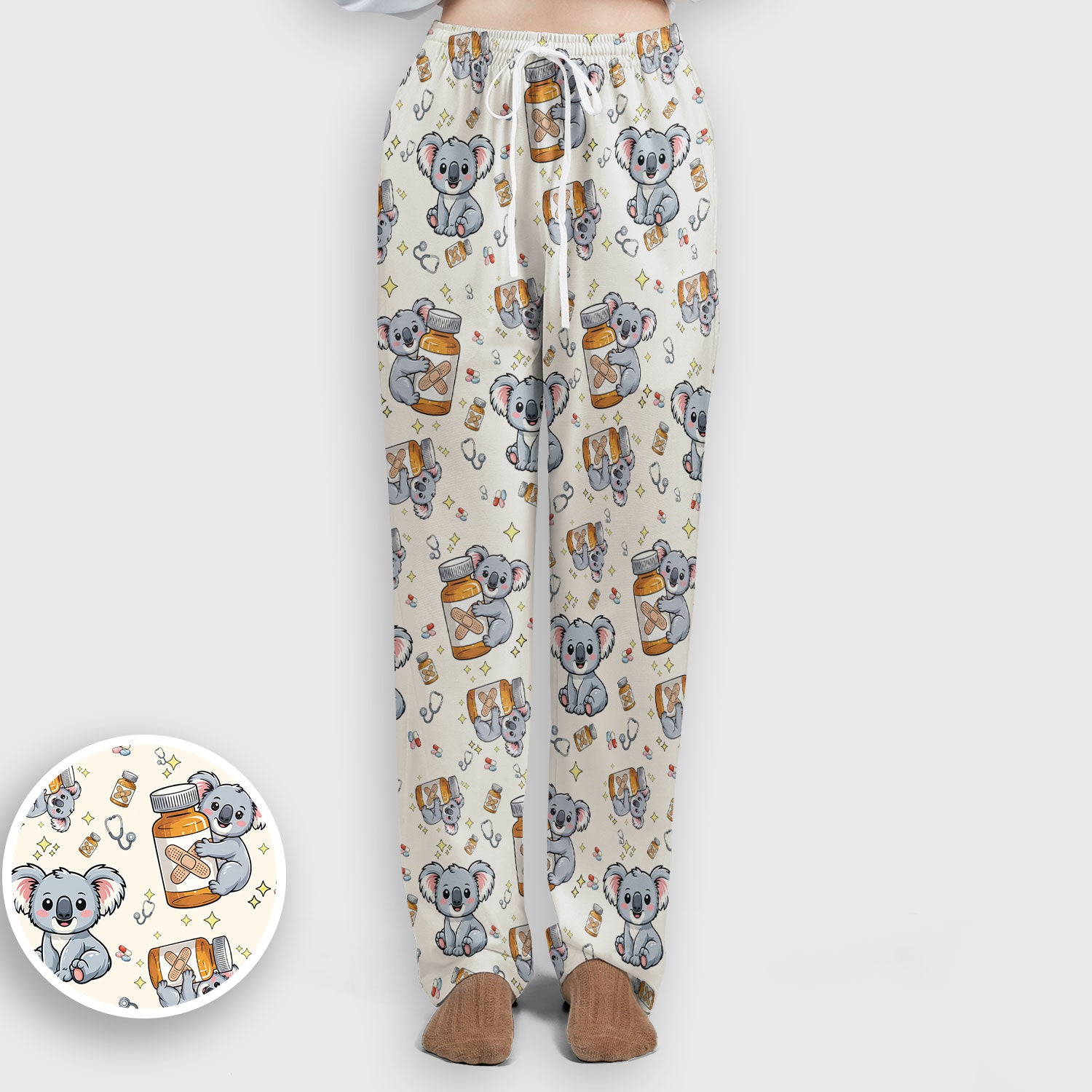 Cute Koala Nurse Bandage Medicine Print Scrub Set, Breathable Med Uniform