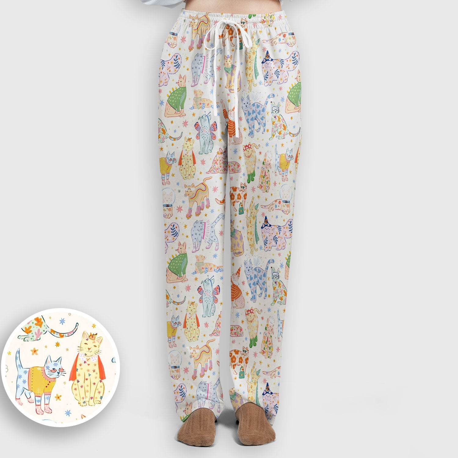 Colorful Pastel Cartoon Cats Print Scrub Set, Breathable Med Uniform