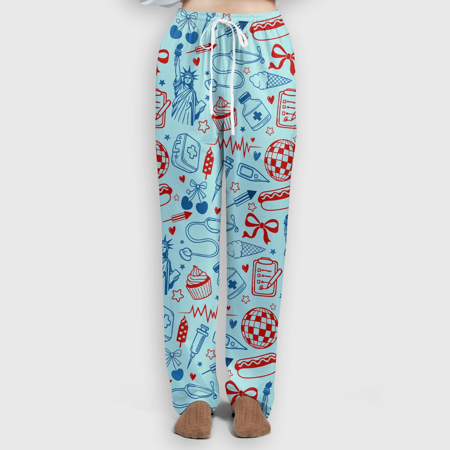 Patriotic Nurse Medical Icons Pattern Scrub Set, Scrub Pants and V Neck Top