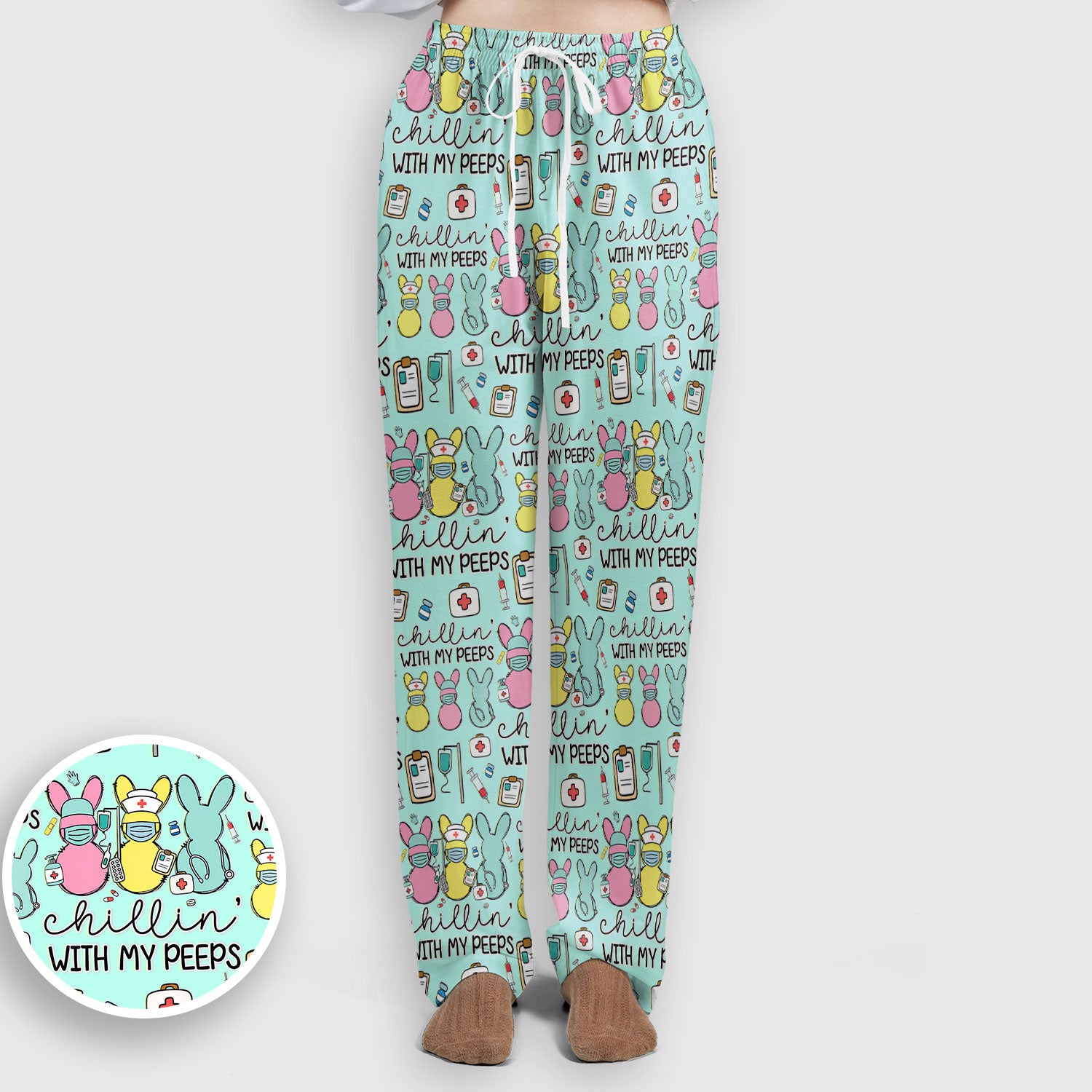 Cute Bunny Nurse Chillin With My Peeps Scrub, Women's Scrub Sets