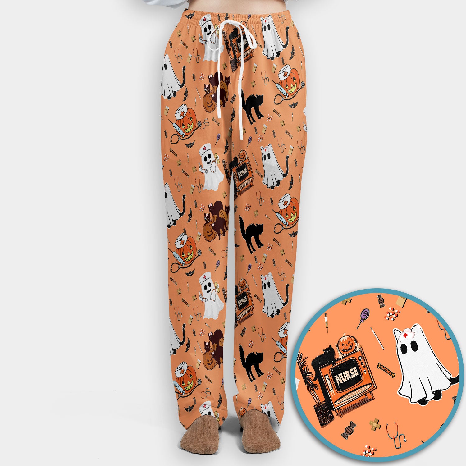Halloween Scrub Set for Nurse - Cute Pumpkin Ghost Cat Medical Pants and V Neck Top - Spooky Uniform for Women RN CNA LPN