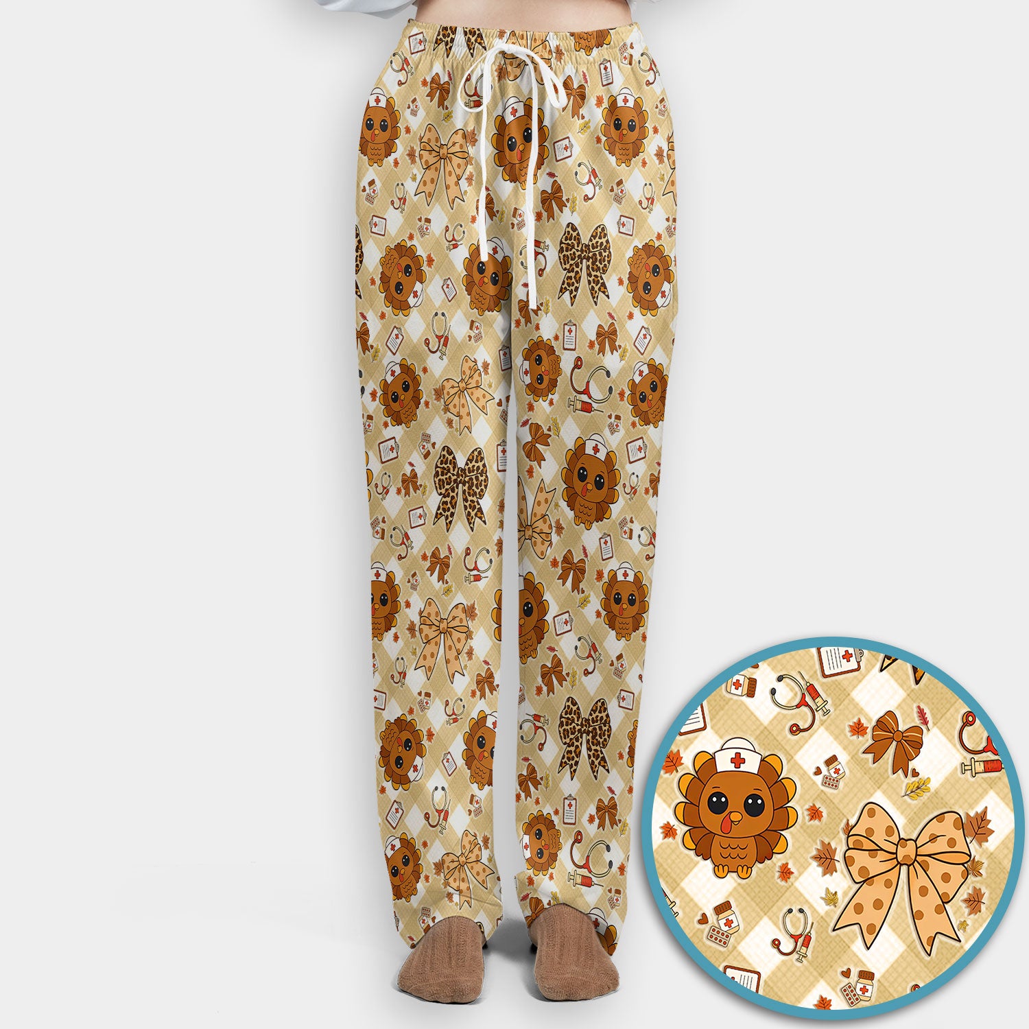 Thanksgiving Turkey Scrub Set for Nurses - Cute Fall Leaves and Bow Scrubs Pants and V Neck Top - Autumn Nursing Gift for Her