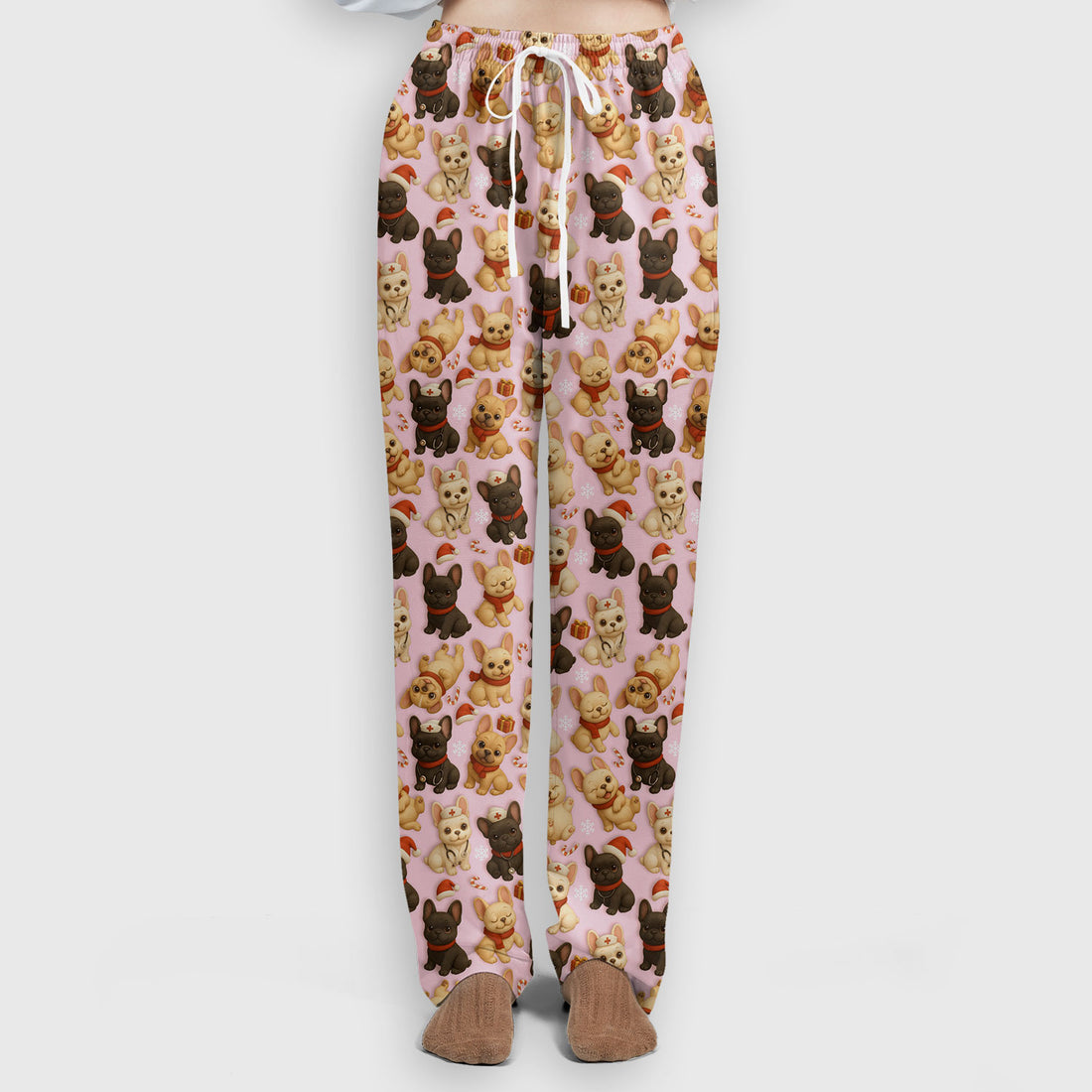 French Bulldog Scrubs Christmas Nurse Set - Cute Holiday Dogs with Candy Canes, Snowflakes & Gifts - Fun Festive Christmas Scrubs for Women