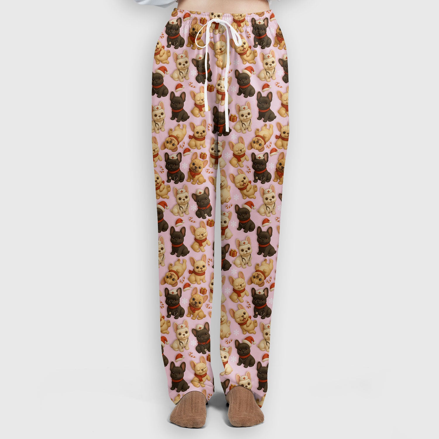 French Bulldog Scrubs Christmas Nurse Set - Cute Holiday Dogs with Candy Canes, Snowflakes & Gifts - Fun Festive Christmas Scrubs for Women
