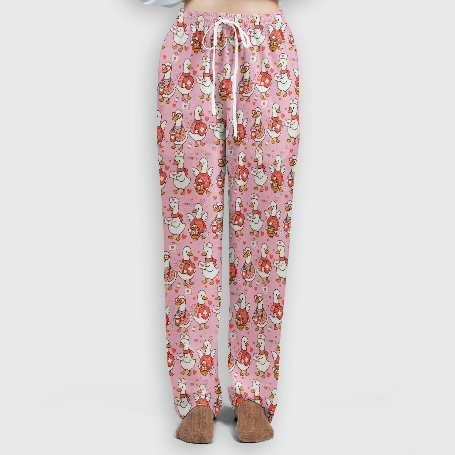 Valentine Goose Nurse Scrub Set, Heart Medical Pattern Nurse Shirt, Breathable Fabrics Nursing Uniform