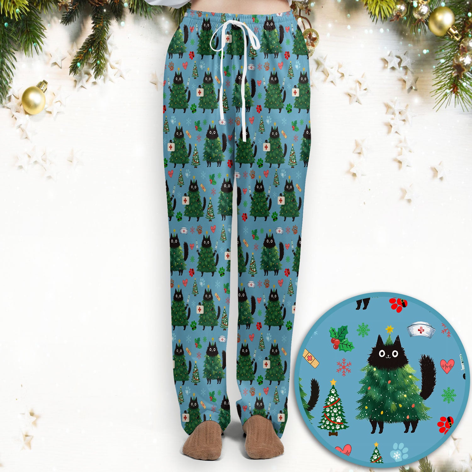 Christmas Nurse Scrub Set, Xmas Black Cat Pattern Nurse Shirt,  Breathable Fabrics Nursing Uniform